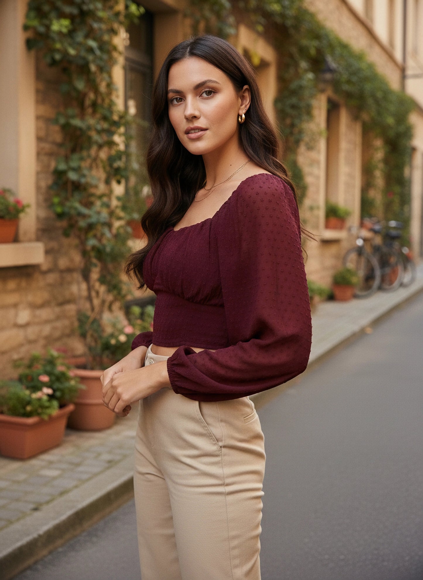 Berrylush Women Solid Maroon Textured Crepe Smocked Blouson Crop Top