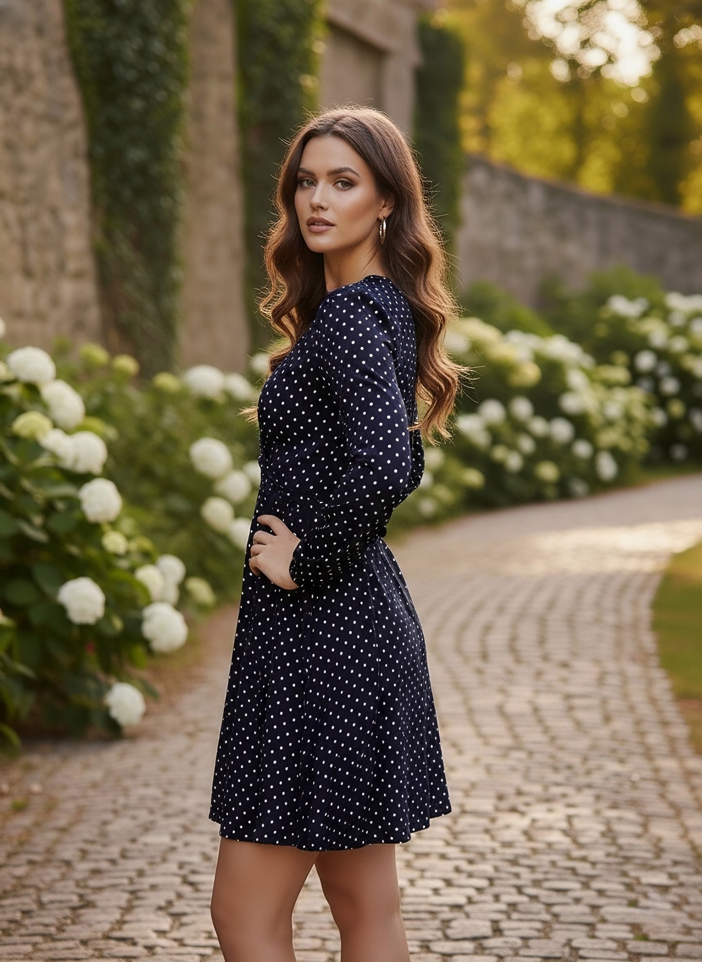 Berrylush Women Navy Blue Polka Dot Printed V-Neck Waist Tie-Up Fit & Flare Wrap Mini Dress