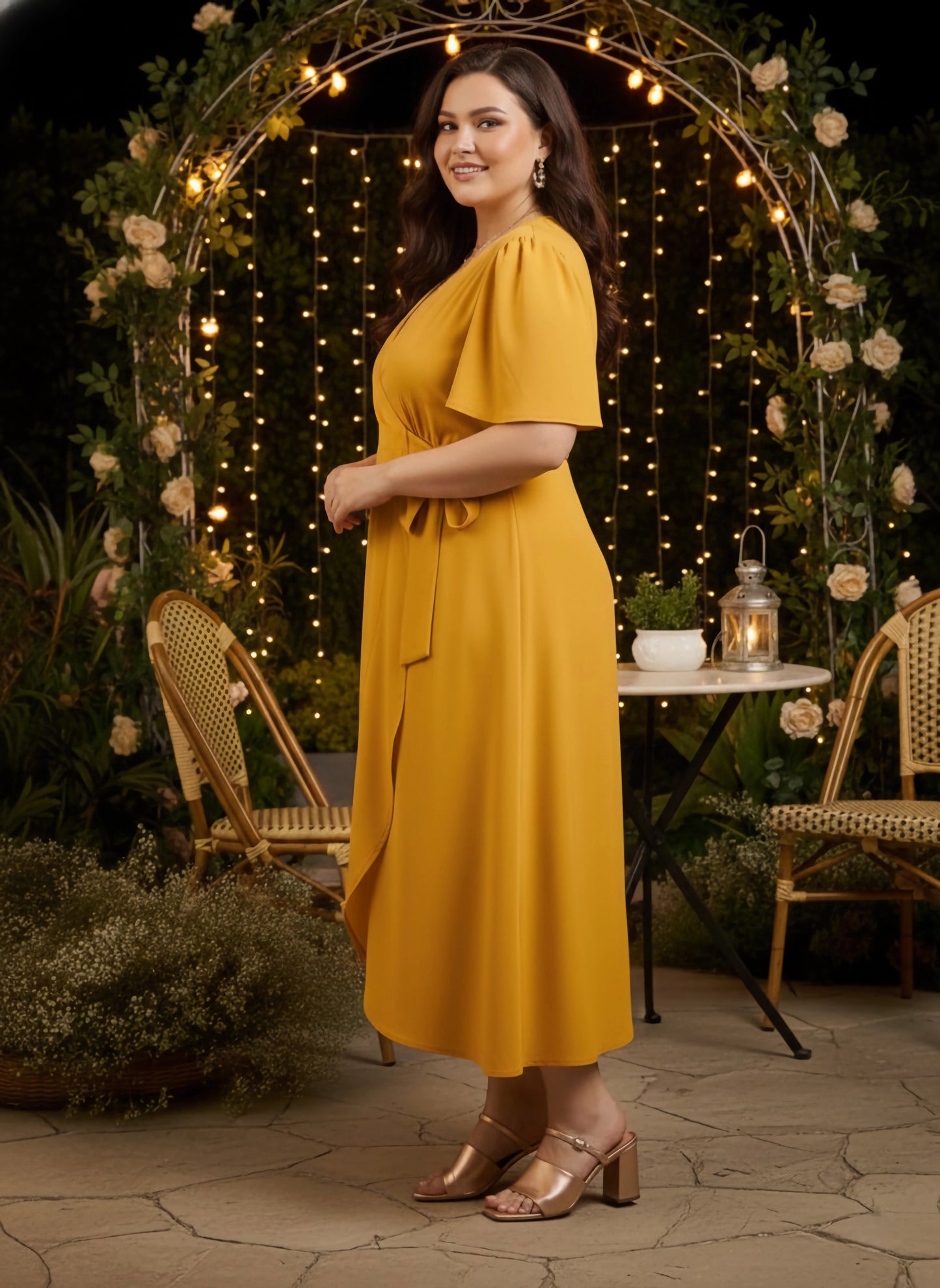 Curve Solid Yellow V-Neck Flared Sleeves Tie-Up Waist Tulip Hem Wrap Maxi Dress