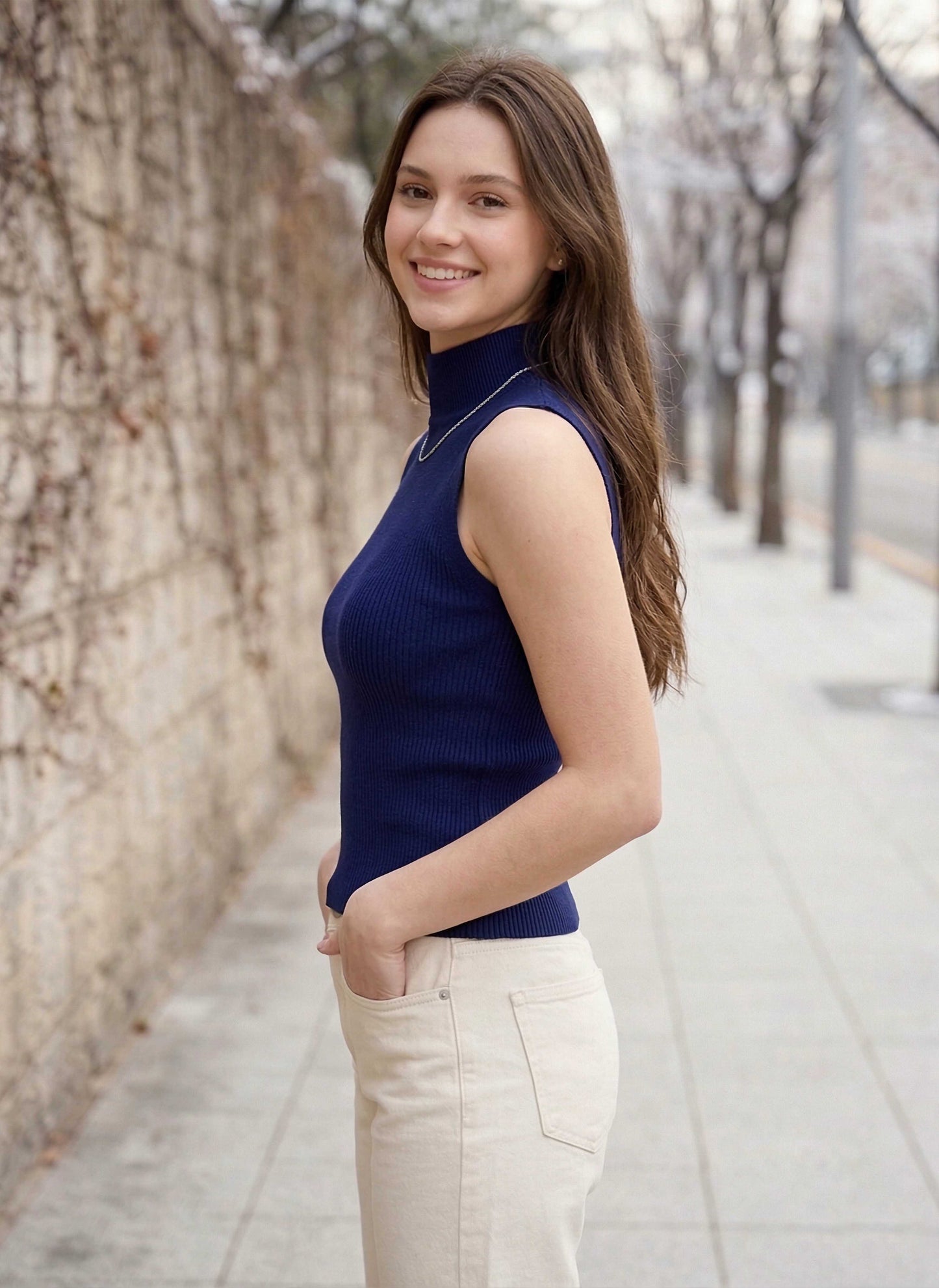 Berrylush Women Solid Navy Blue Turtle Neck Sleeveless Acrylic Straight Hem Regular Sweater