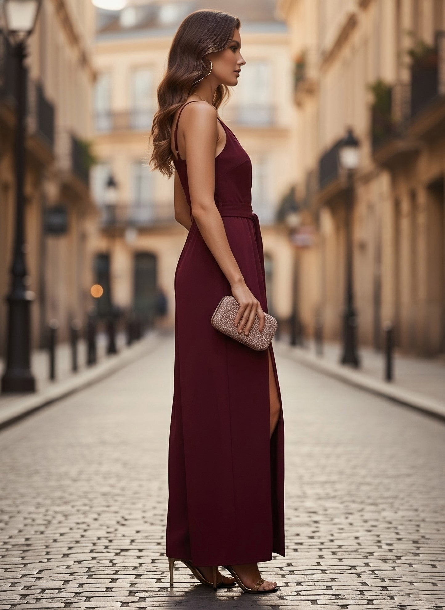 Berrylush Women Solid Maroon V-Neck Sleeveless Tie-Up Waist Thigh-High Slits Pleated Maxi Jumpsuit