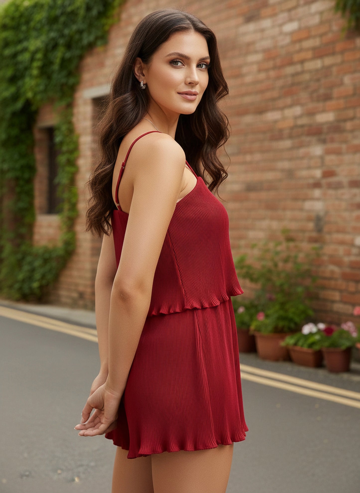 Solid Red Square Neck Sleeveless Pleated Detail Ruffled Mini Romper