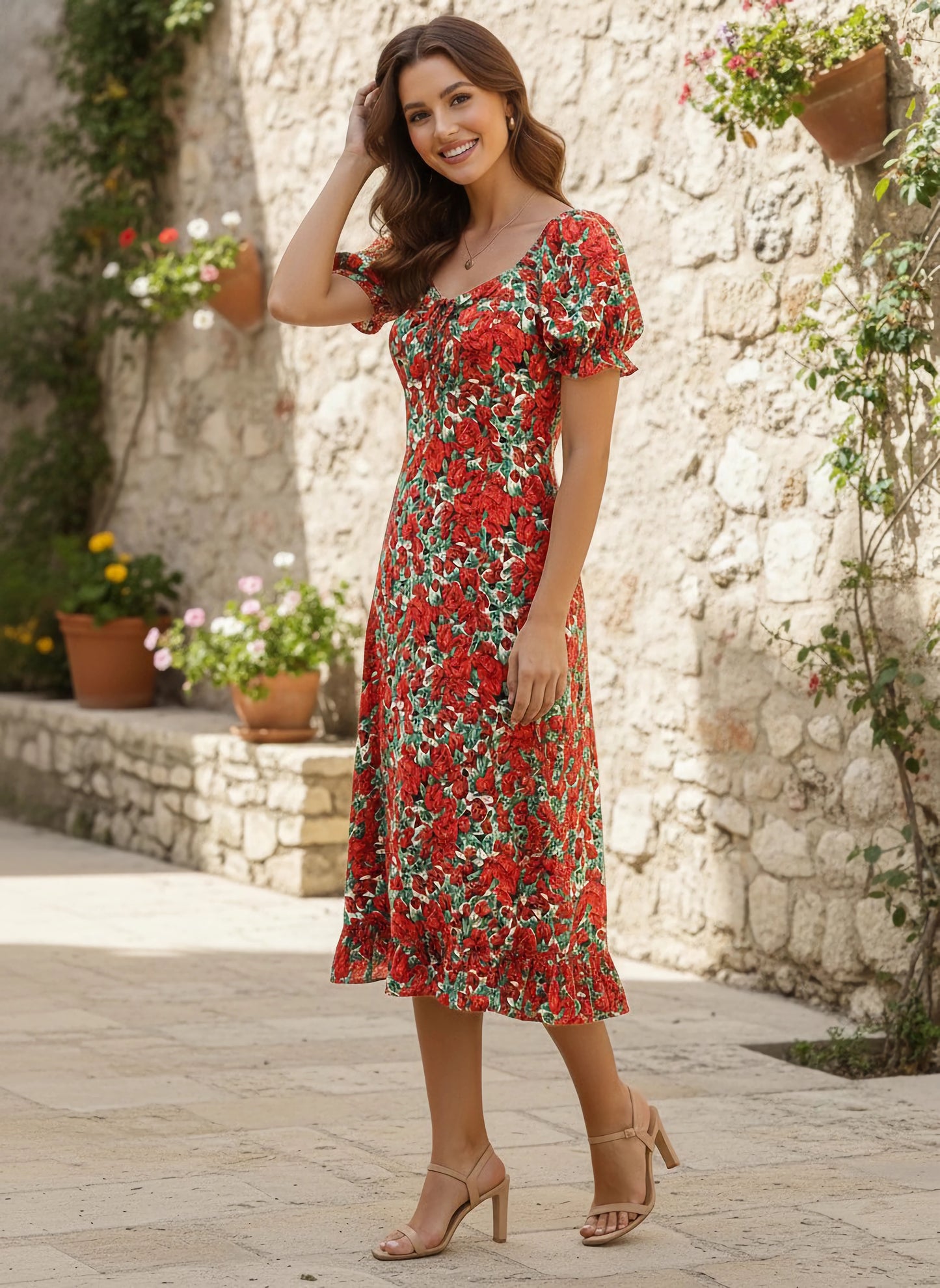 Berrylush Women Red & Green Floral Printed Crepe A-Line Midi Dress