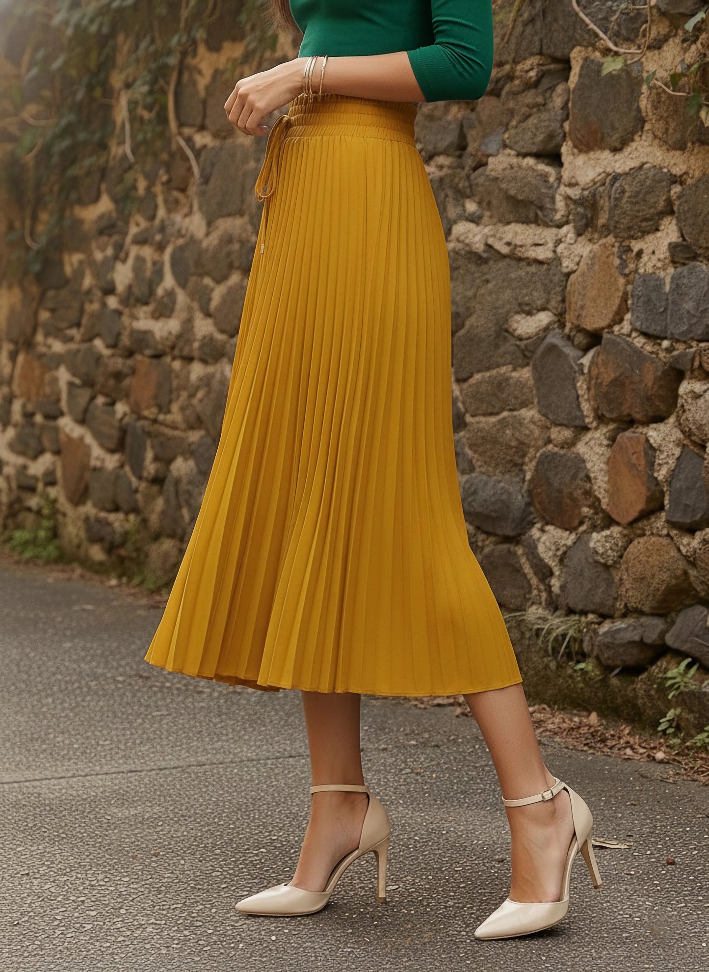 Solid Yellow High-Rise Elastic Waist Tie-Up Straight Hem Pleated Midi Skirt