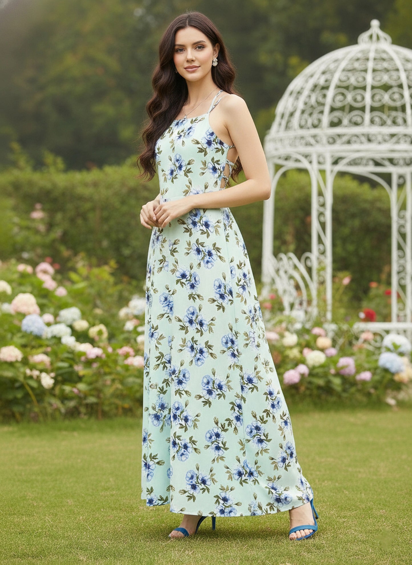 Berrylush Women Green Floral Print Tie-up Maxi Dress