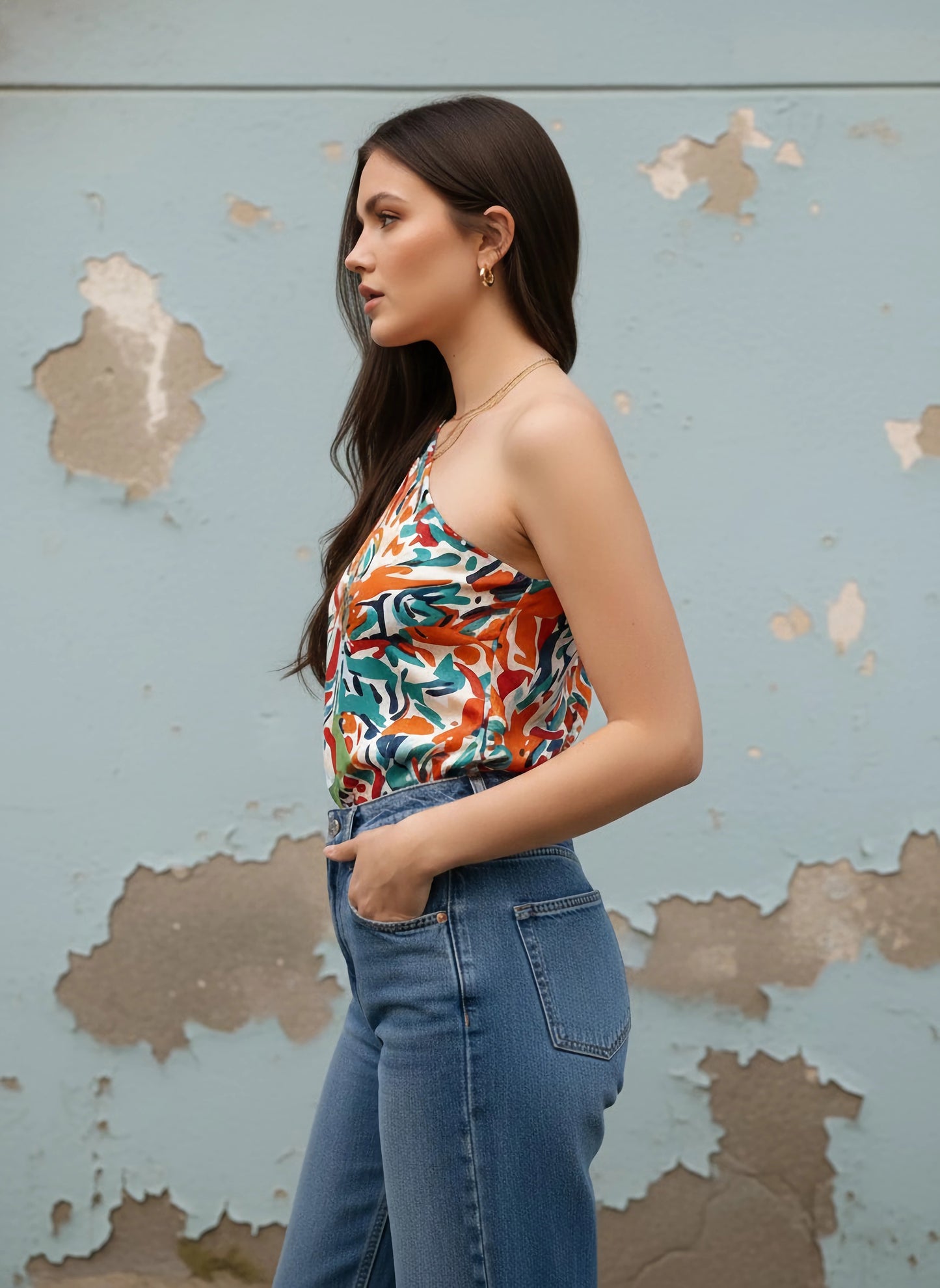 Berrylush Women White & Multicolour Abstract Printed One-Shoulder Neck Crepe Woven Regular Top