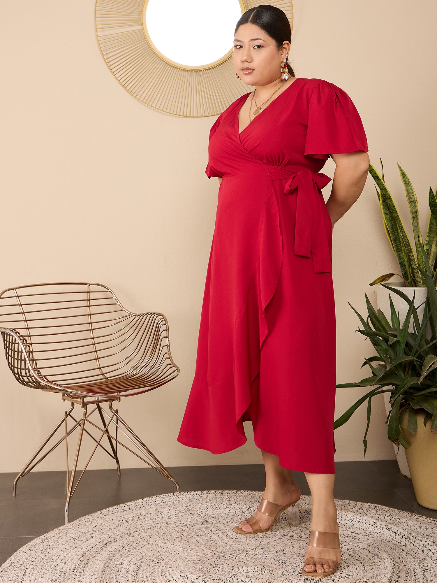 Women Solid Red V-Neck Flared Sleeves Tie-Up Waist Asymmetrical Hem Wrap Ruffled Maxi Dress - Berrylush Curve Women Solid Red V-Neck Flared Sleeves Tie-Up Waist Asymmetrical Hem Wrap Ruffled Maxi Dress - Berrylush Curve