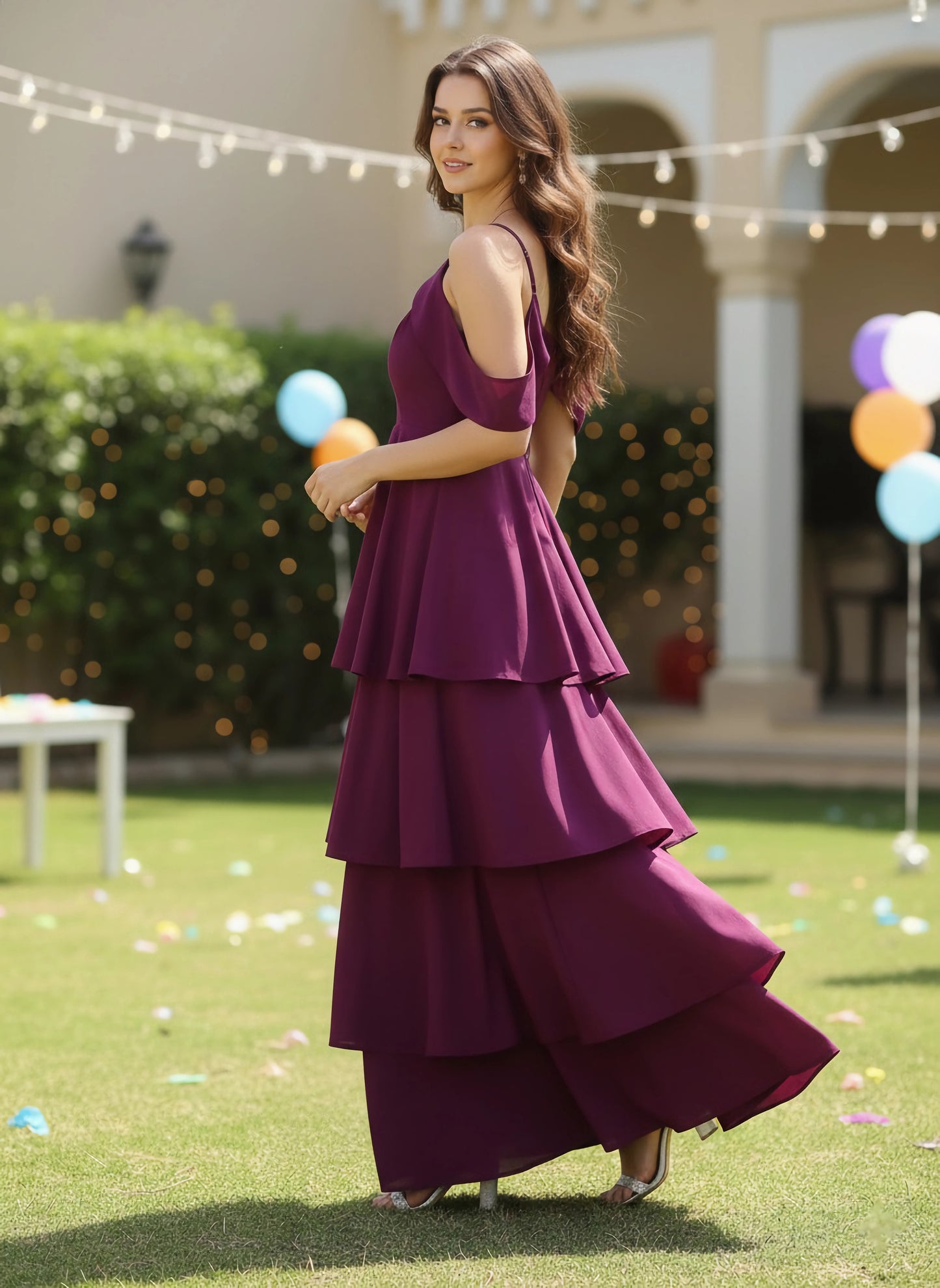 Berrylush Women Solid Purple V-Neck Crepe Layered Maxi Dress