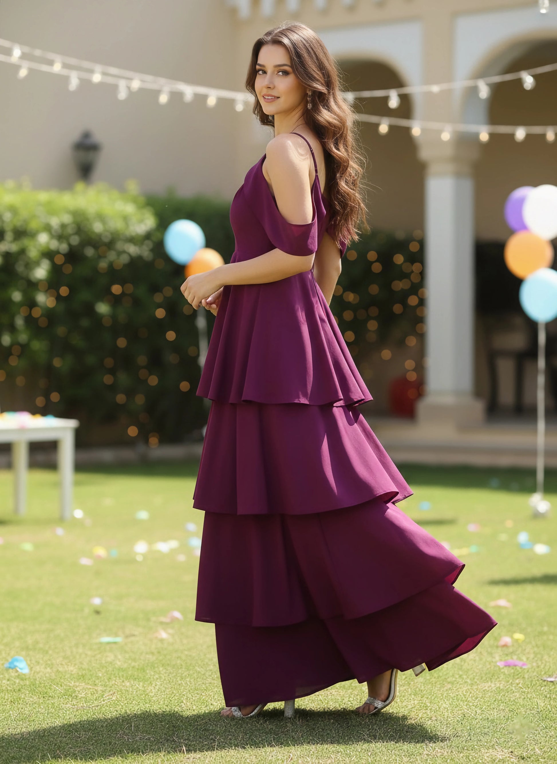 Berrylush Women Solid Purple V-Neck Crepe Layered Maxi Dress