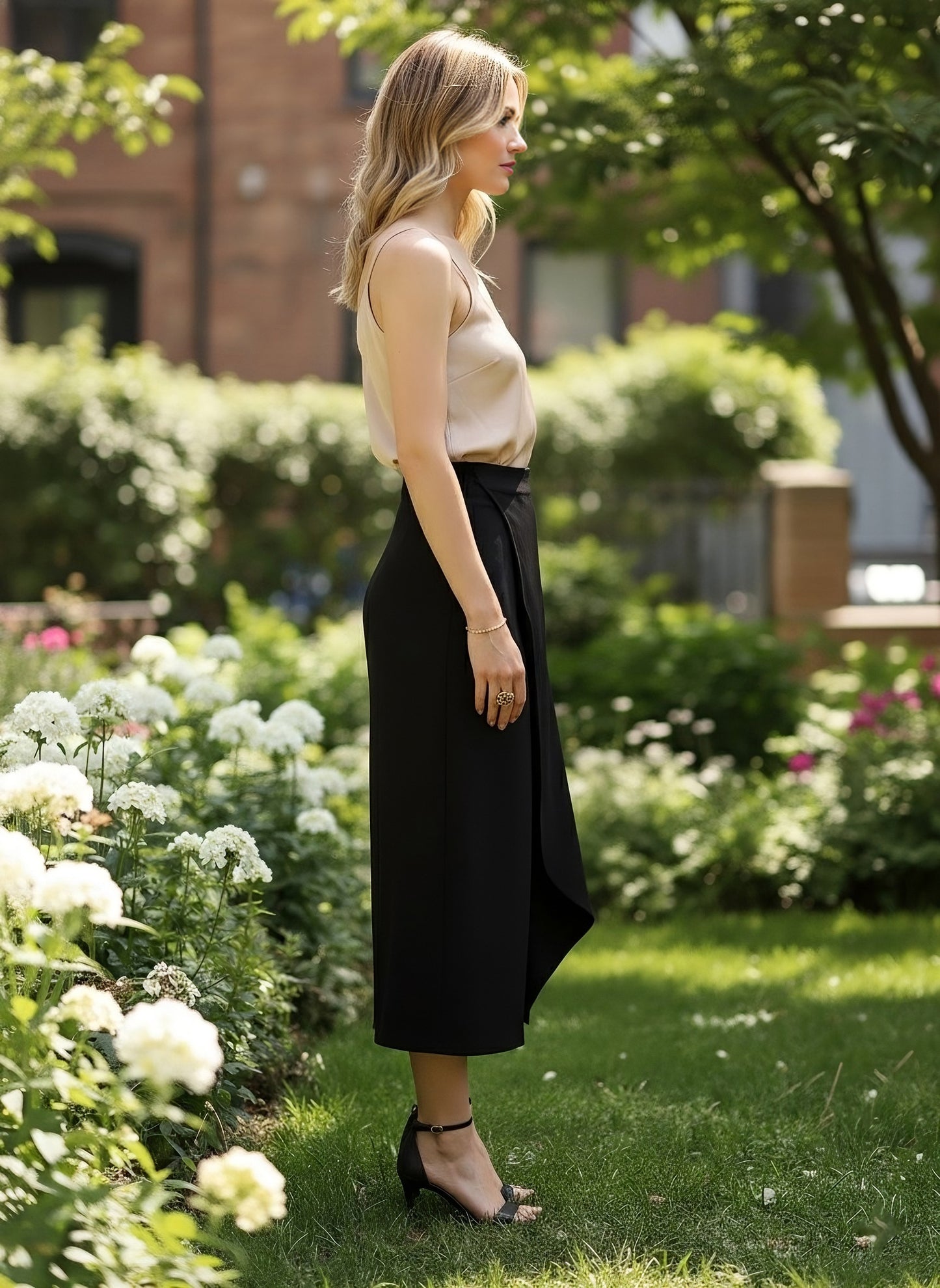 Berrylush Women Solid Black High-Rise Waist Asymmetrical Hem Pleated Maxi Skirt