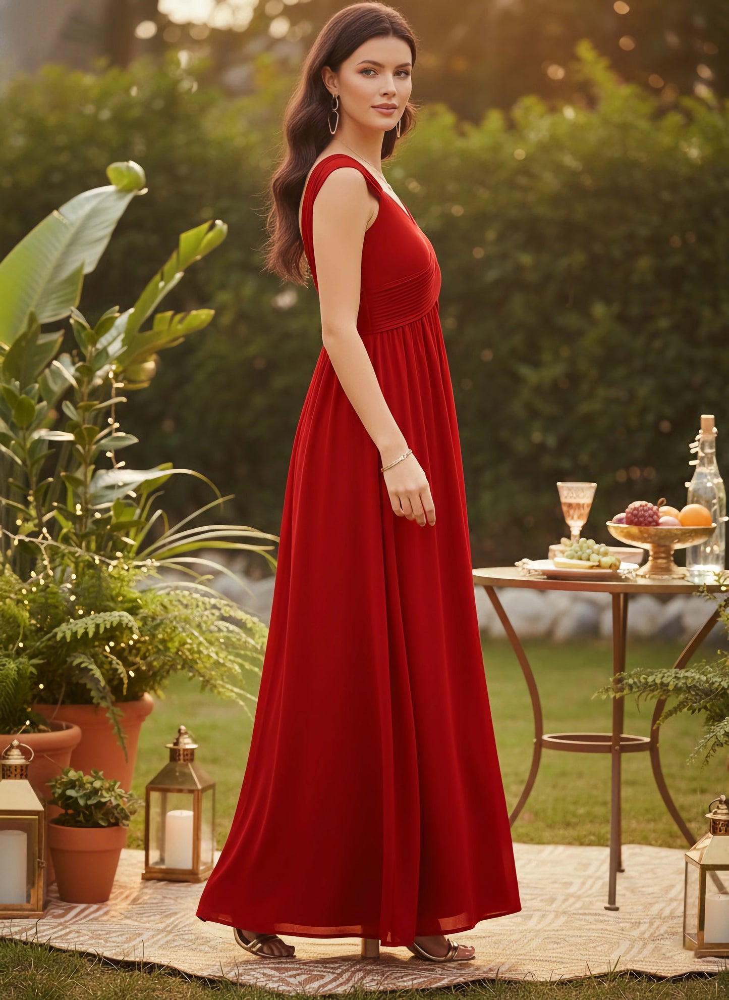 Berrylush Women Solid Red Sweetheart Neck Sleeveless Cold-Shoulder Pleated Maxi Dress