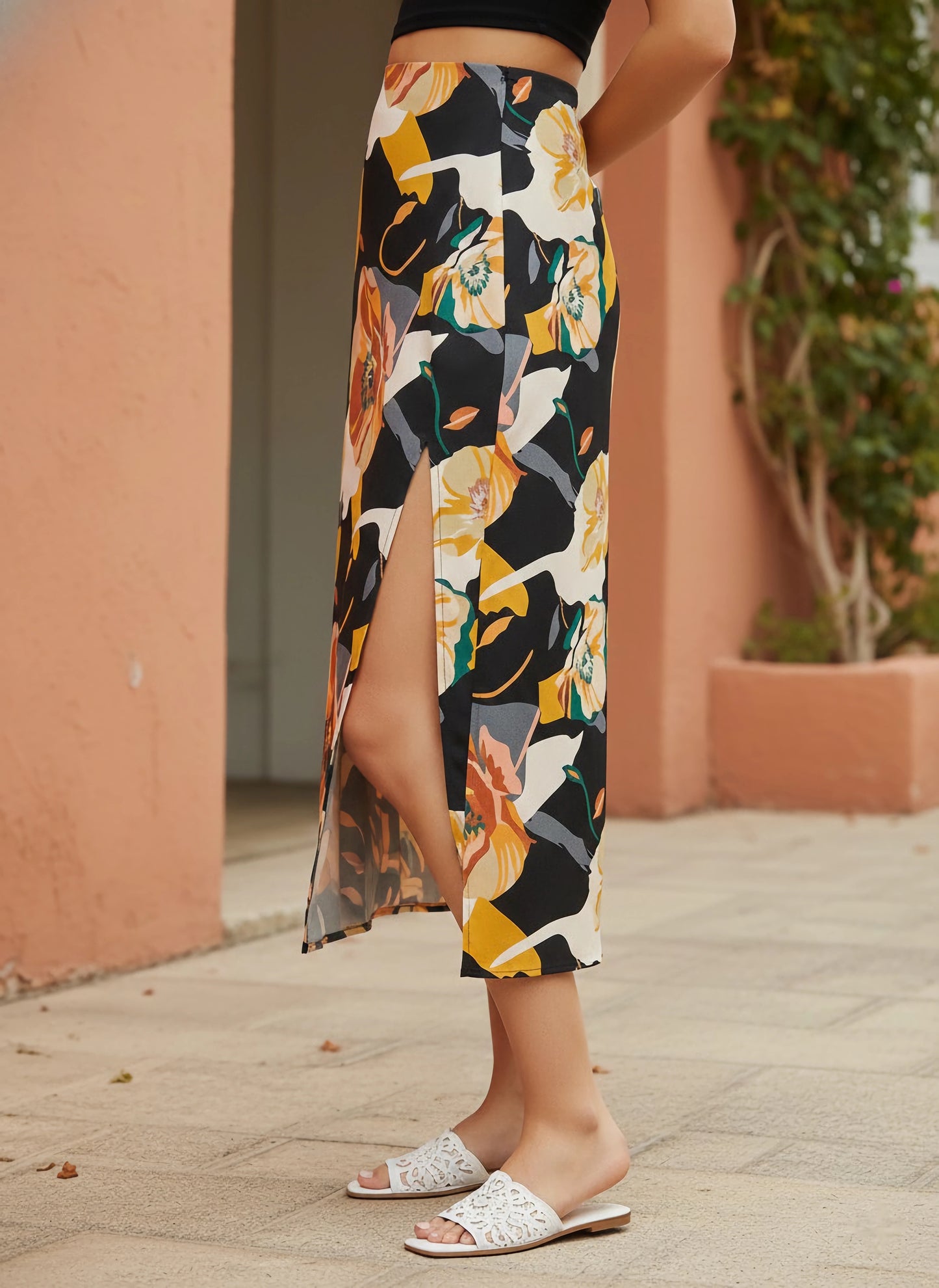 Berrylush Women Black & Orange Floral Printed Crepe Thigh-High Slit Flared A-Line Midi Skirt