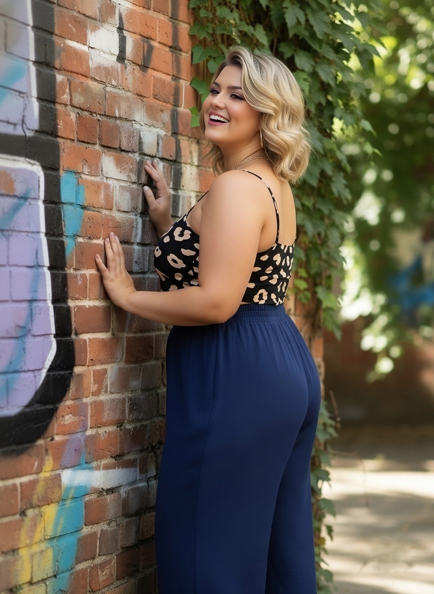 Plus Size Black & Beige Animal Printed Square Neck Sleeveless Crepe Cropped Tank Top