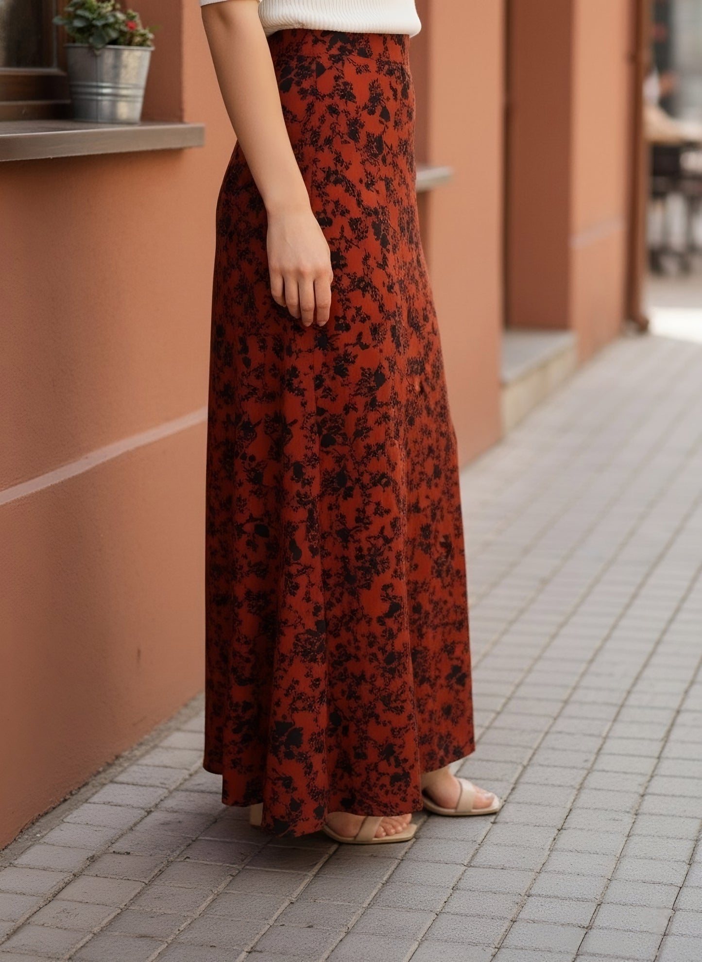 Berrylush Women Brown Floral Print High Rise A-Line Midi Skirt