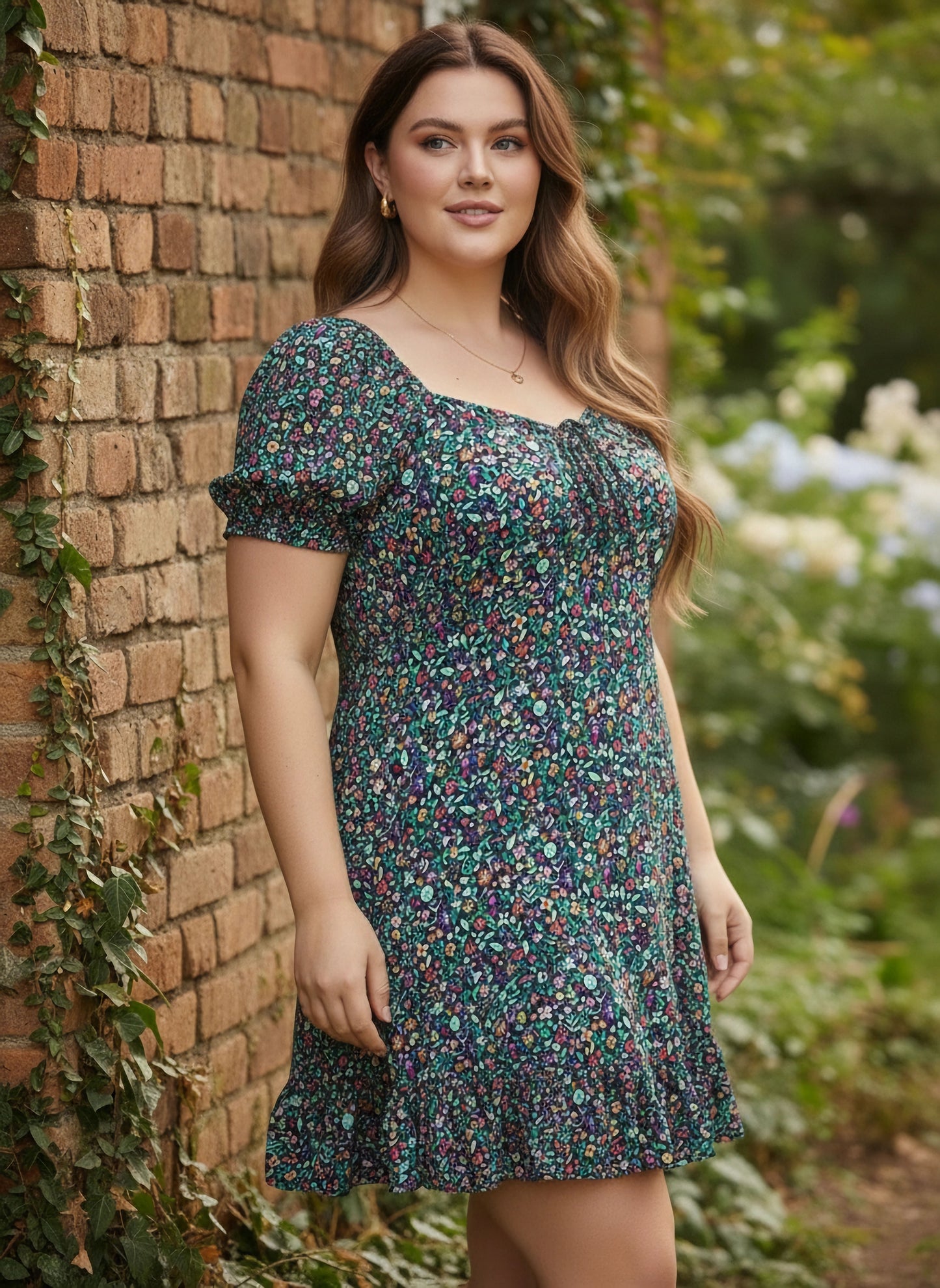 Berrylush Curve Plus Size Navy Blue & Green Floral Printed A-Line Mini Dress