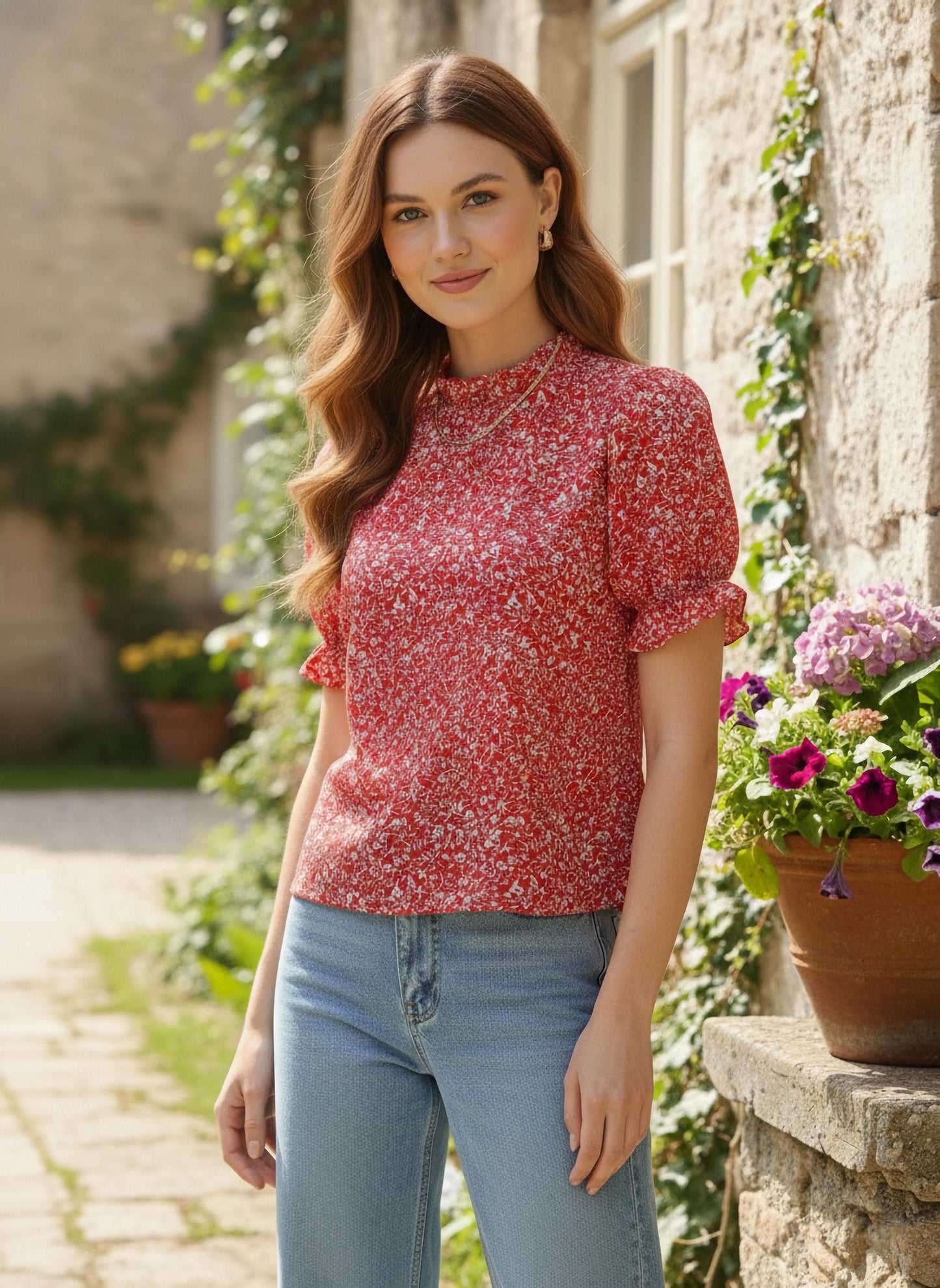 Berrylush Women Red & White Floral Printed High Neck Keyhole Back Pleated Regular Top