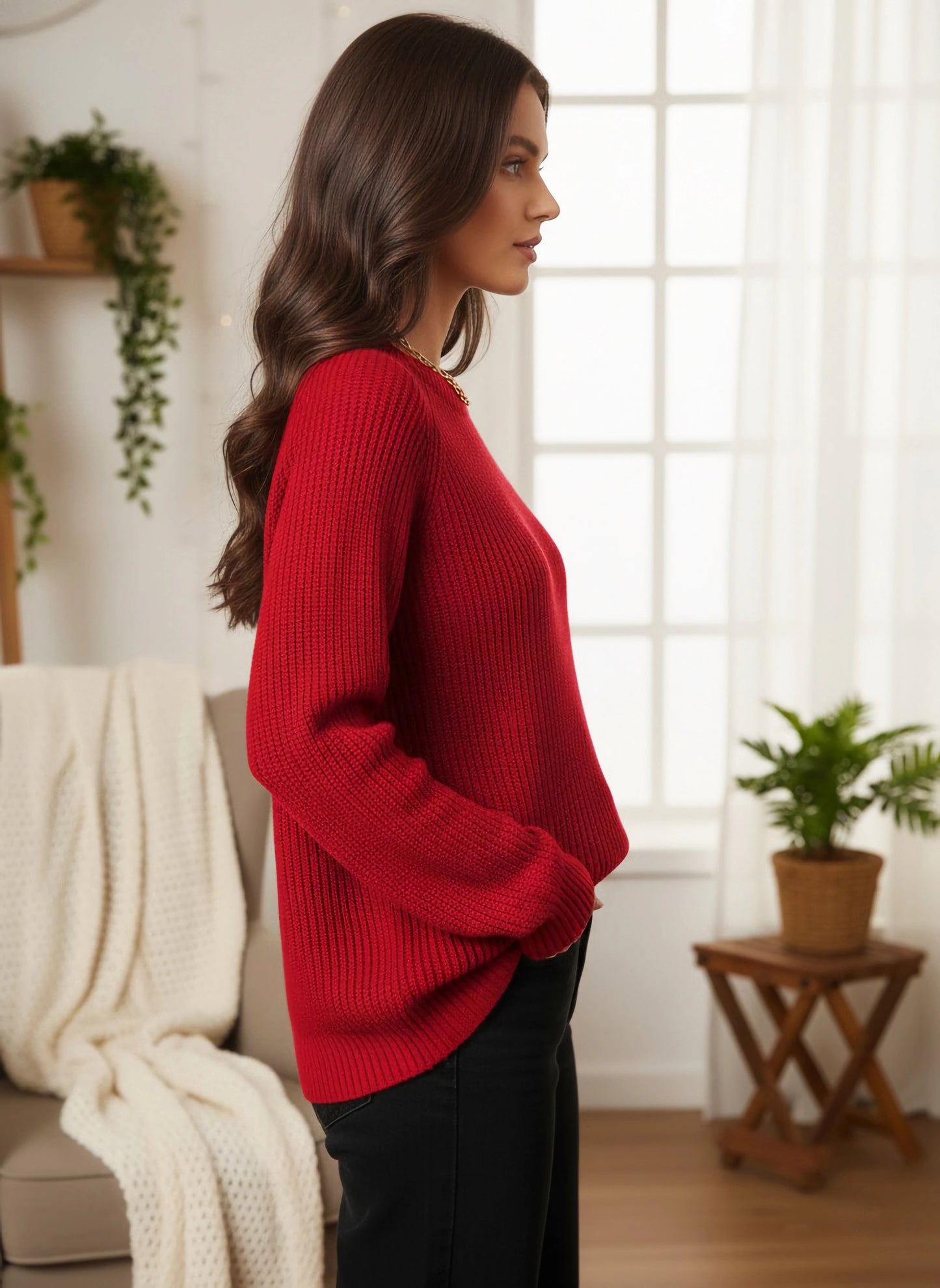 Berrylush Women Solid Red Round Neck Raglan Sleeve Acrylic Curved Hem Longline Pullover