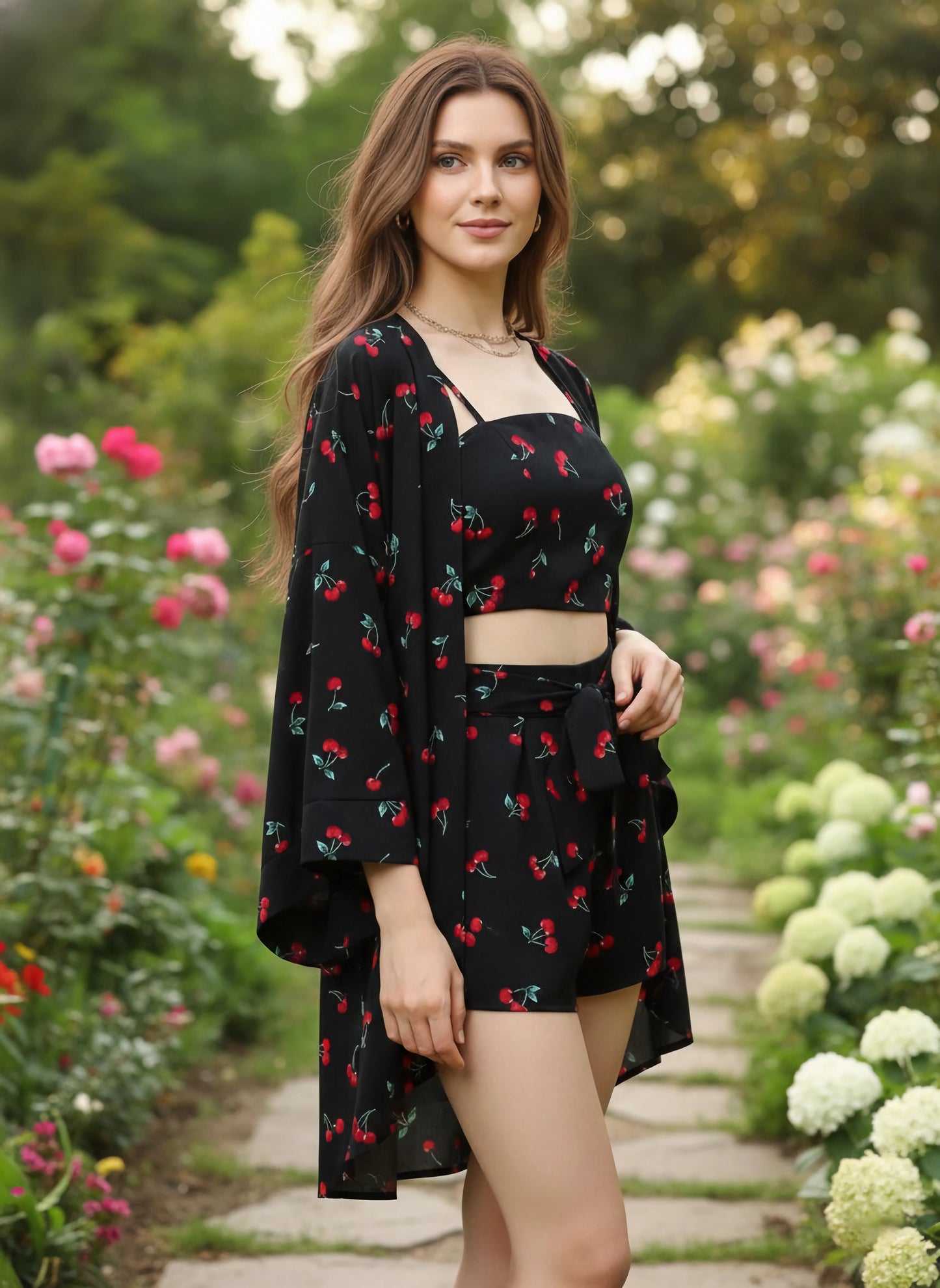 Berrylush Women Black & Red Cherry Printed Square Neck Crop Top & Tie-Up Front Shorts With Shrug