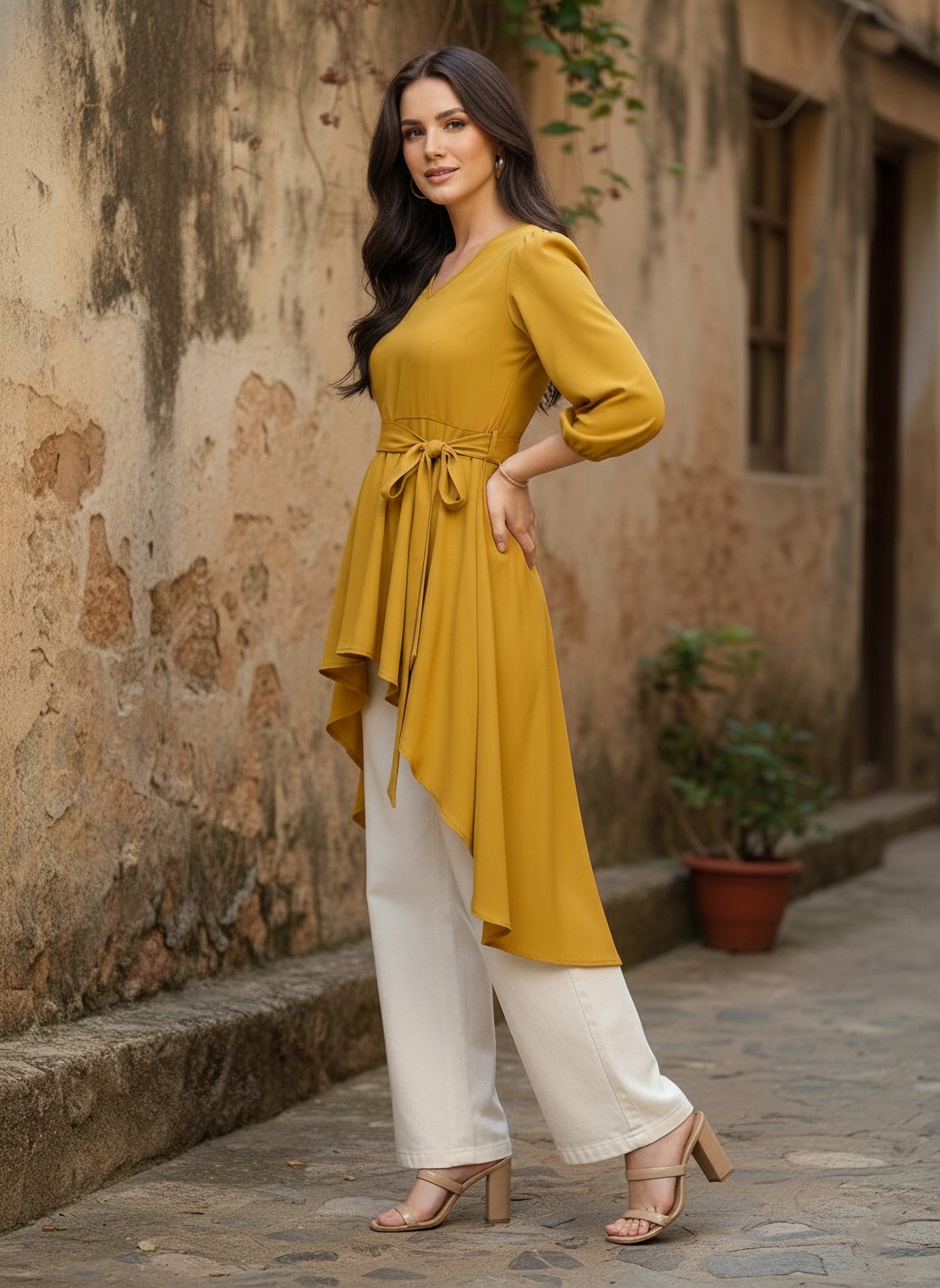 Solid Yellow V-Neck Bishop Sleeves Tie-Up Waist High-Low Hem Pleated Longline Top