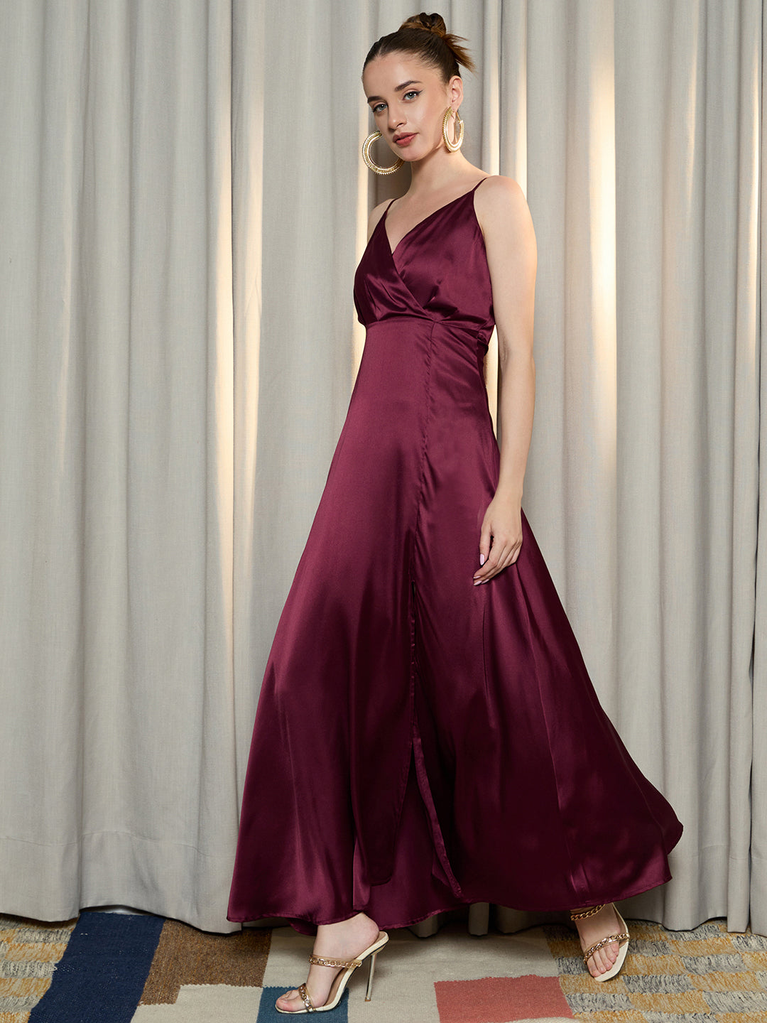 Women Solid Maroon V-Neck Sleeveless Satin Straight Hem Thigh-High Slit A-Line Maxi Dress - Berrylush Women Solid Maroon V-Neck Sleeveless Satin Straight Hem Thigh-High Slit A-Line Maxi Dress - Berrylush