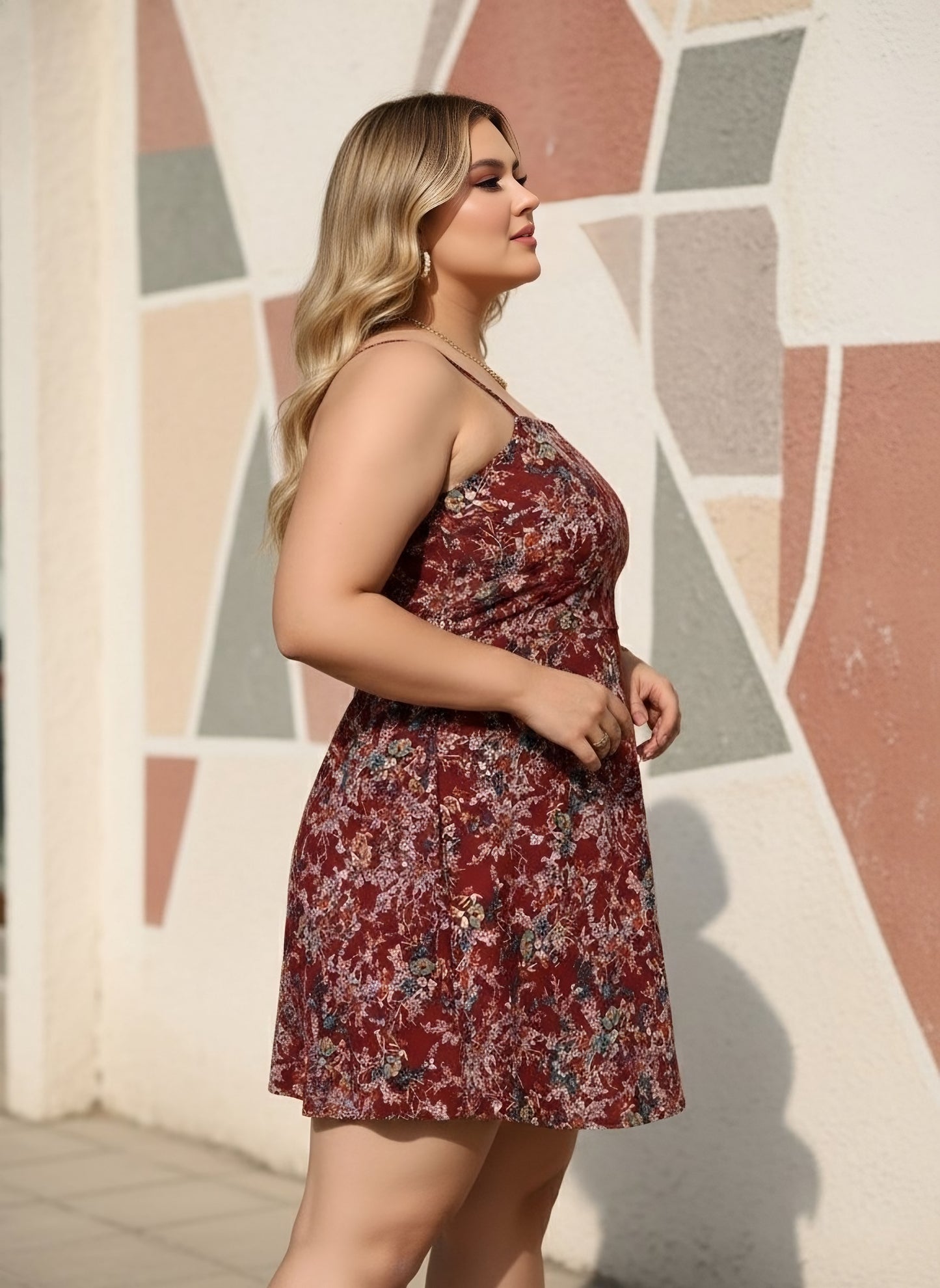 Berrylush Women Plus Size Maroon & White Floral Printed Square Neck Sleeveless Crepe Fit & Flare Mini Dress