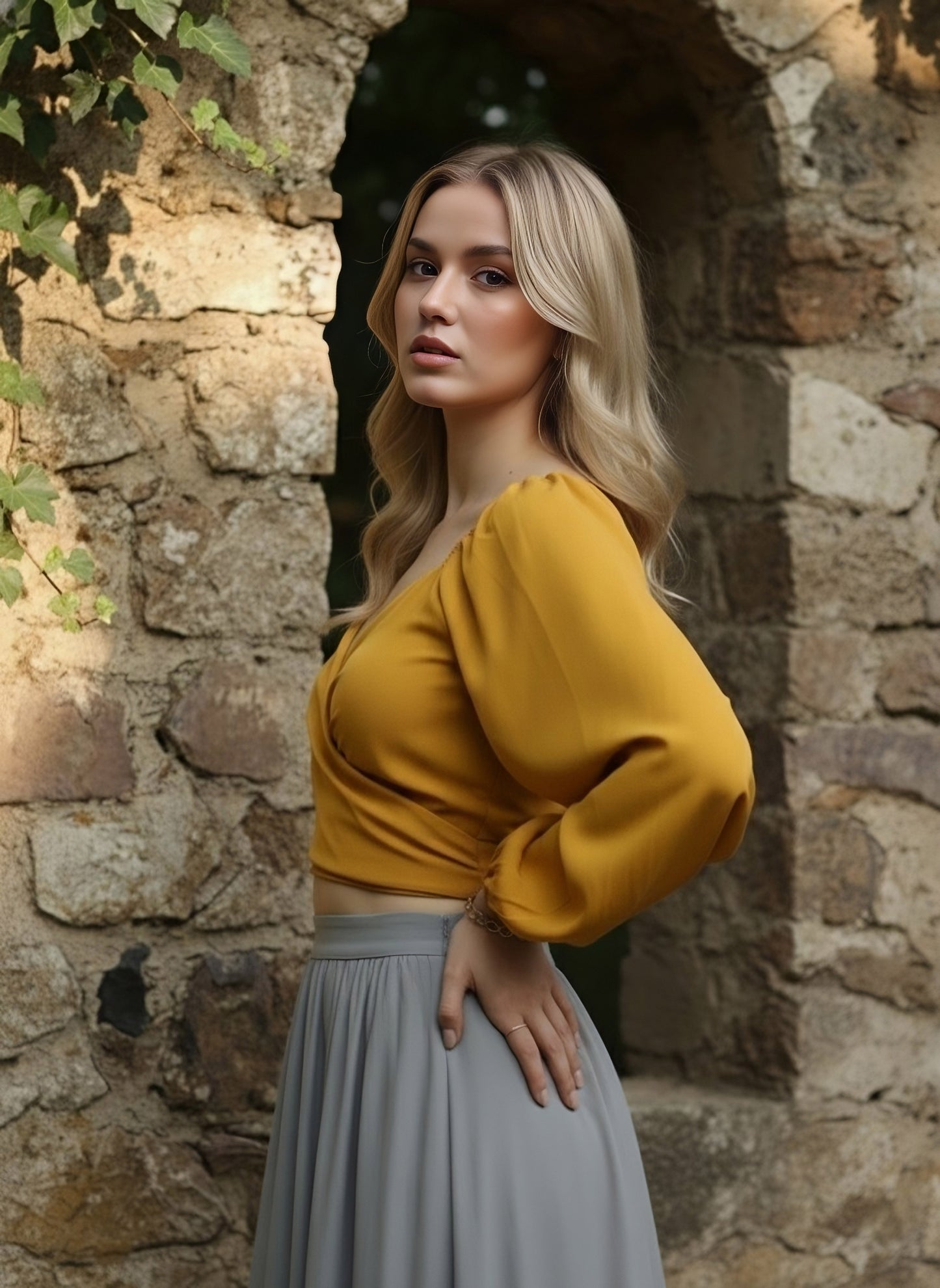 Berrylush Women Solid Mustard Yellow Sweetheart Neck Front Tie-Up Crepe Cropped Top