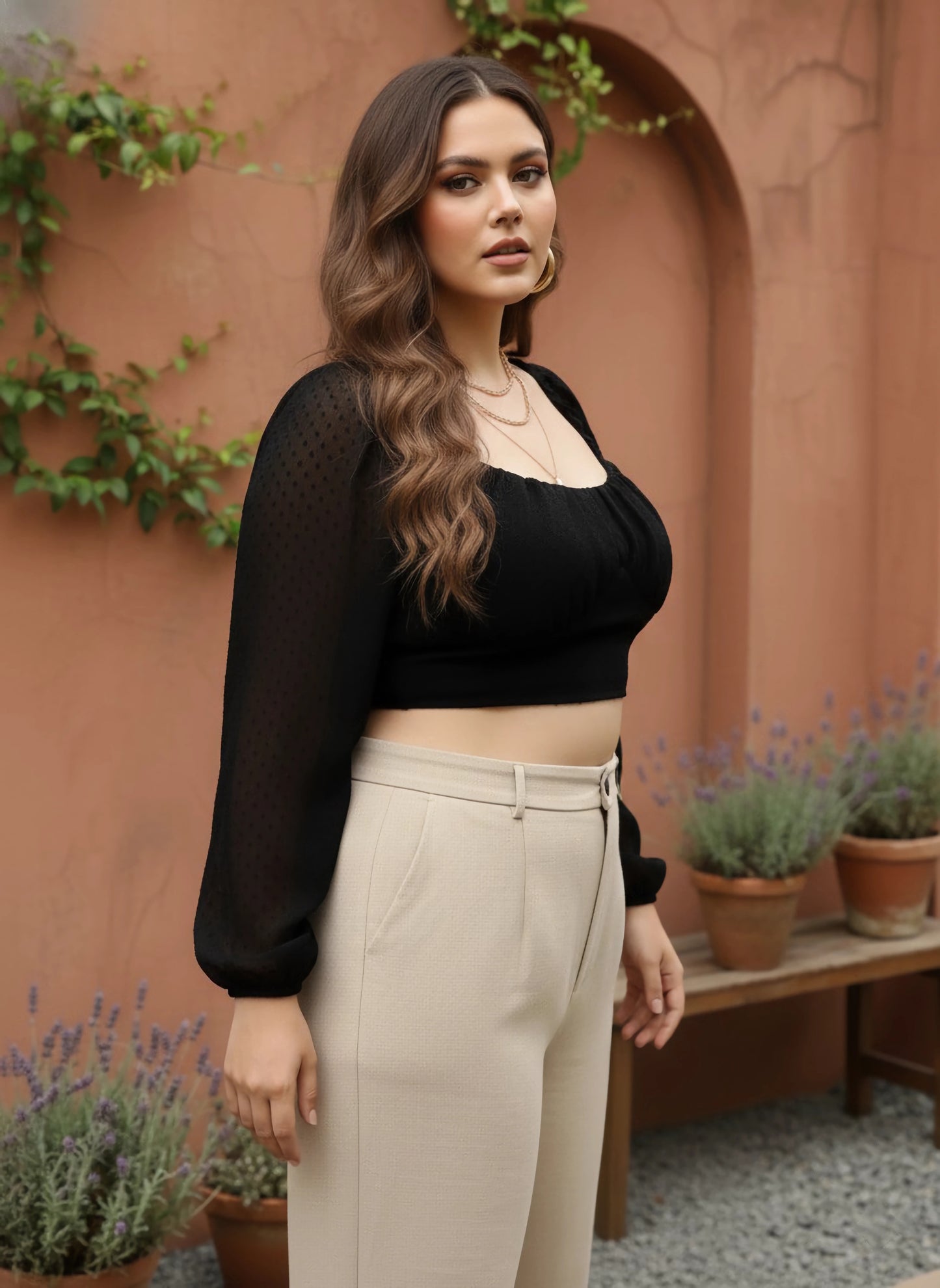 Berrylush Women Plus Size Solid Black Dobby Weave Sweetheart Neck Puff Sleeve Georgette Smocked Crop Top