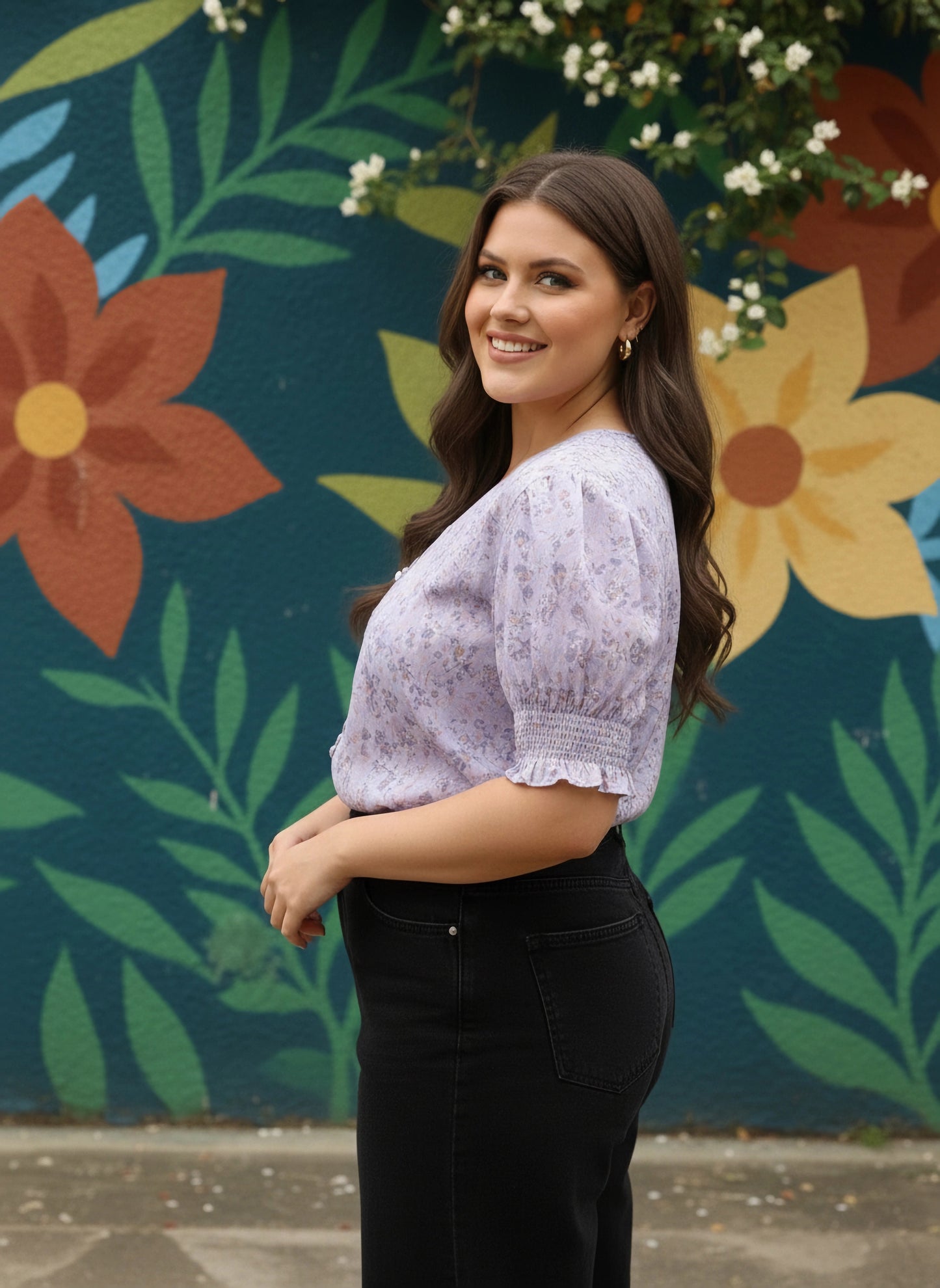 Plus Size Purple Floral Printed V-Neck Puff Sleeves Button-Up Crepe Smocked Regular Top