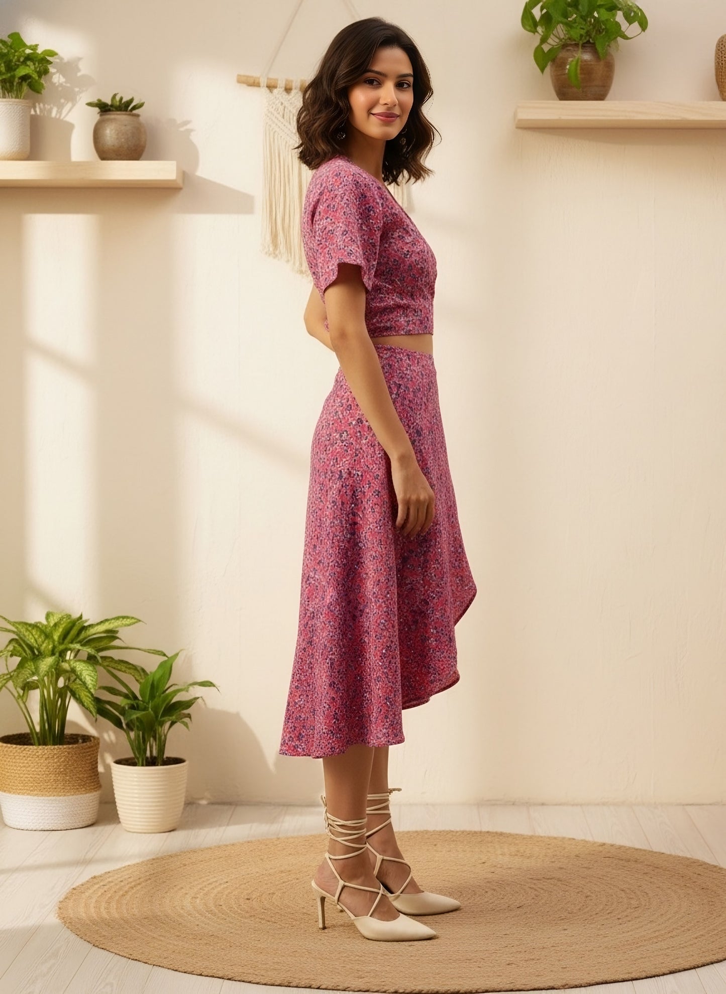 Berrylush Women Pink V-Neck Floral Printed Mini Dress