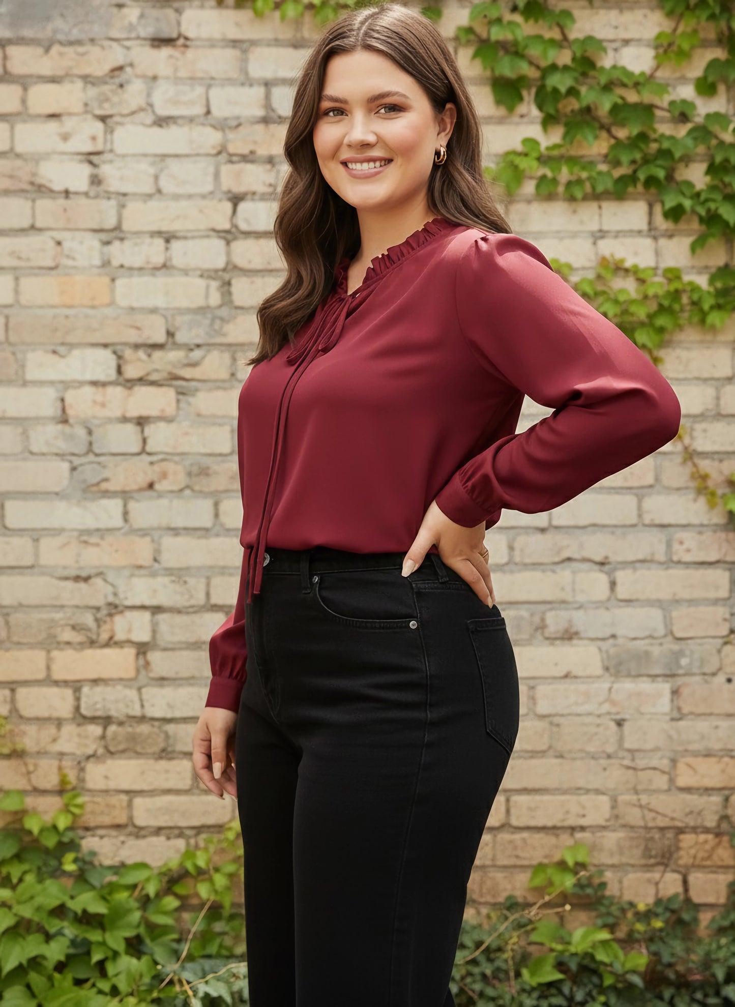 Berrylush Women Plus Size Solid Maroon Tie-Up Neck Cuff Sleeves Crepe Ruffled Regular Top