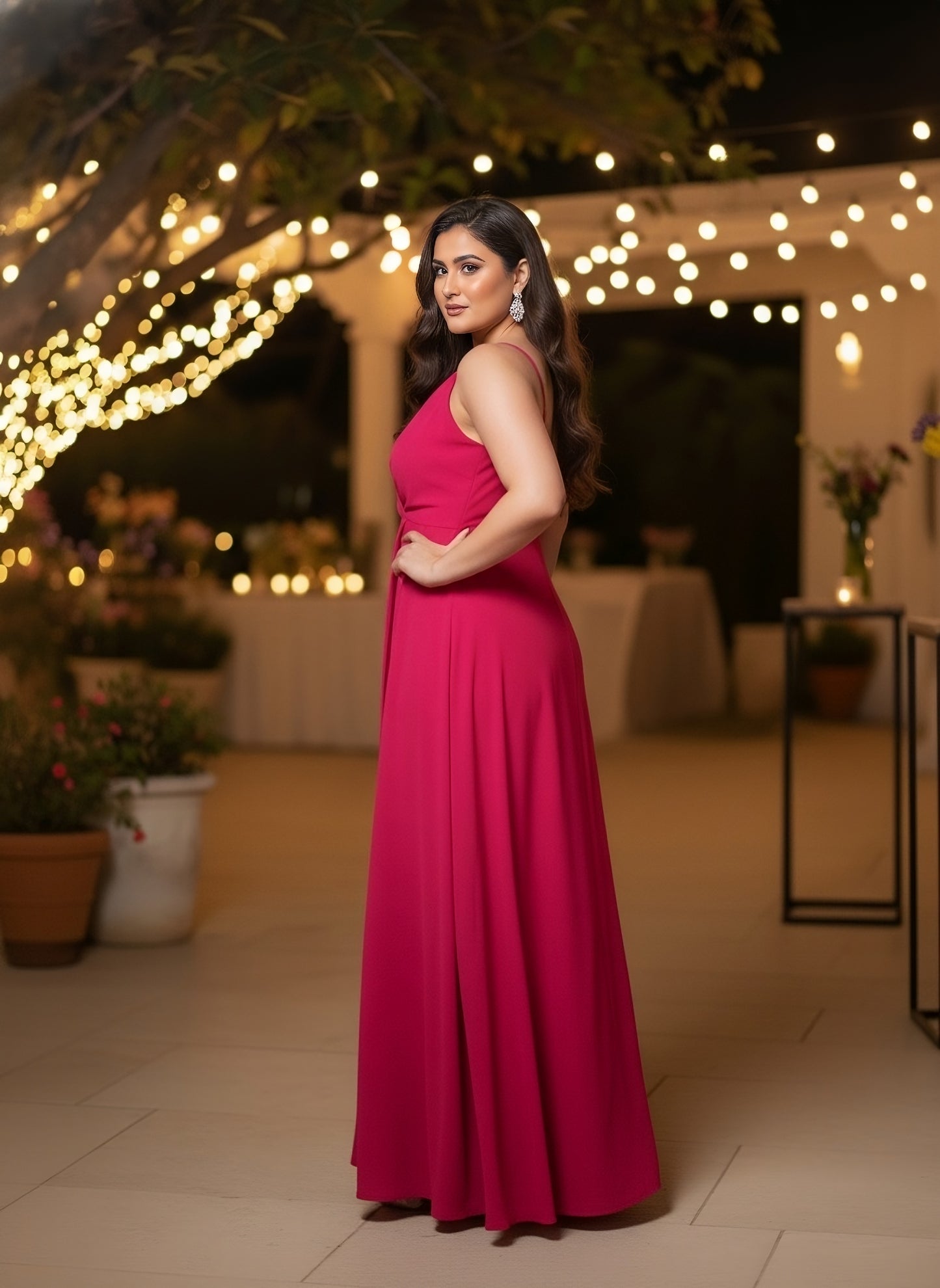 Berrylush Women Plus Size Solid Pink V-Neck Sleeveless Crepe Thigh-High Slit Fit & Flare Wrap Maxi Dress