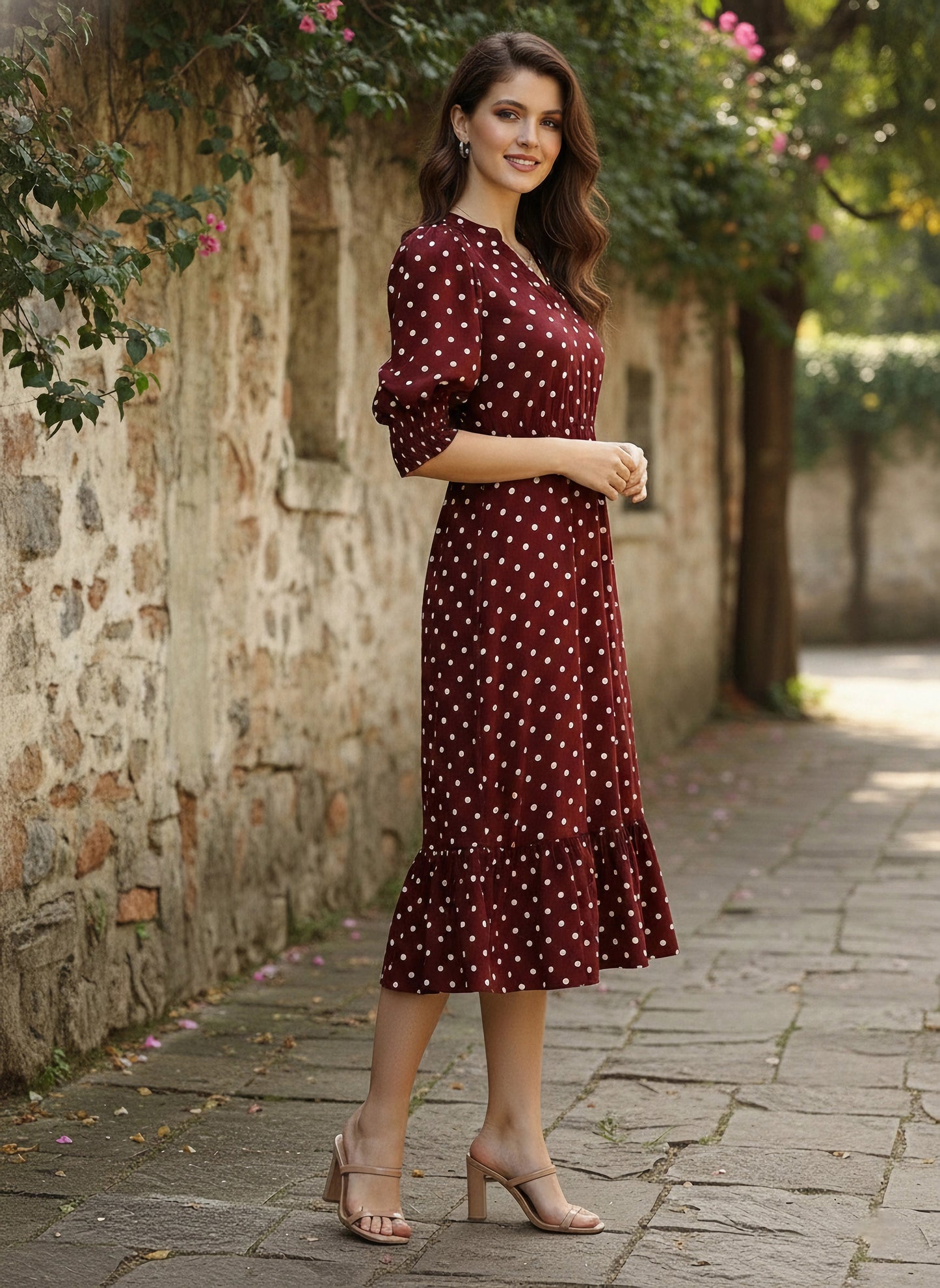 Berrylush Women Red & White Smocked Waist Ruffle A-Line Midi Dress