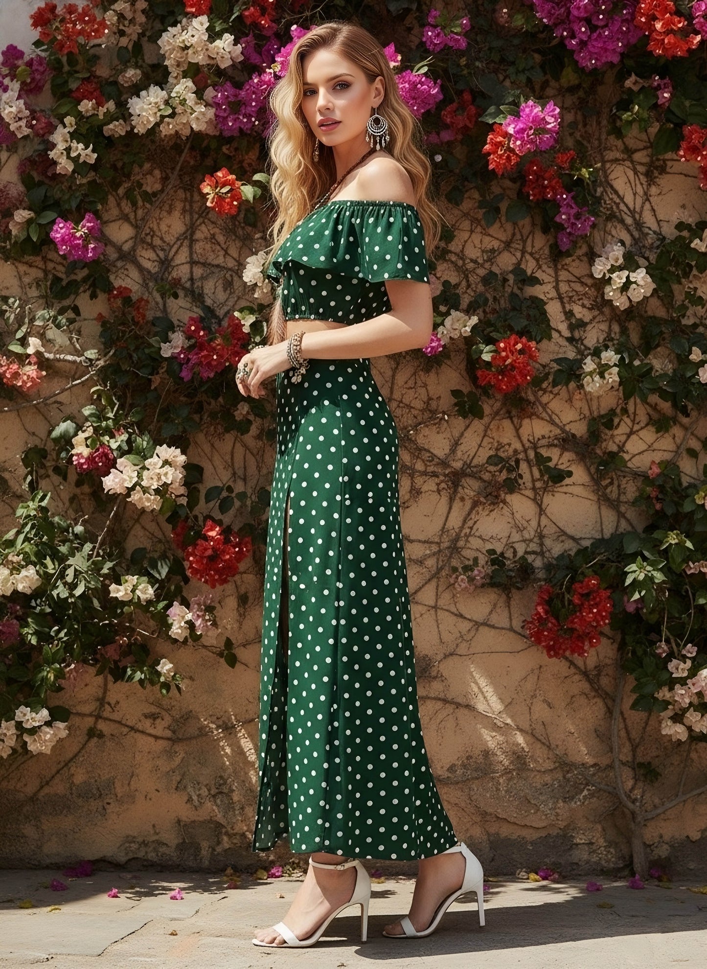 Berrylush Women Green & White Polka Dot Printed Off-Shoulder Co-Ordinate Maxi Dress