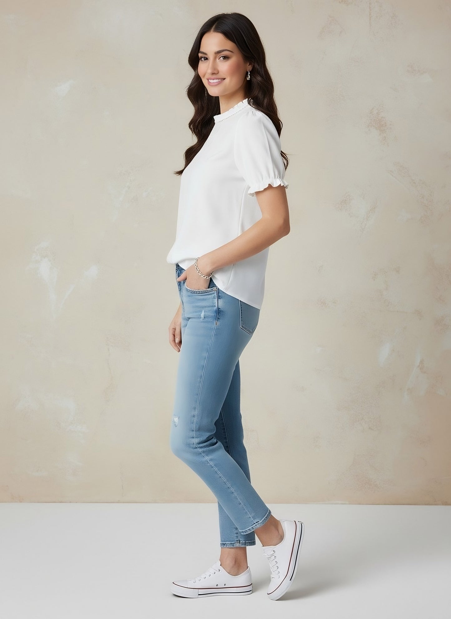 Berrylush Women White Solid Stand Collar Puff Sleeve Regular Top