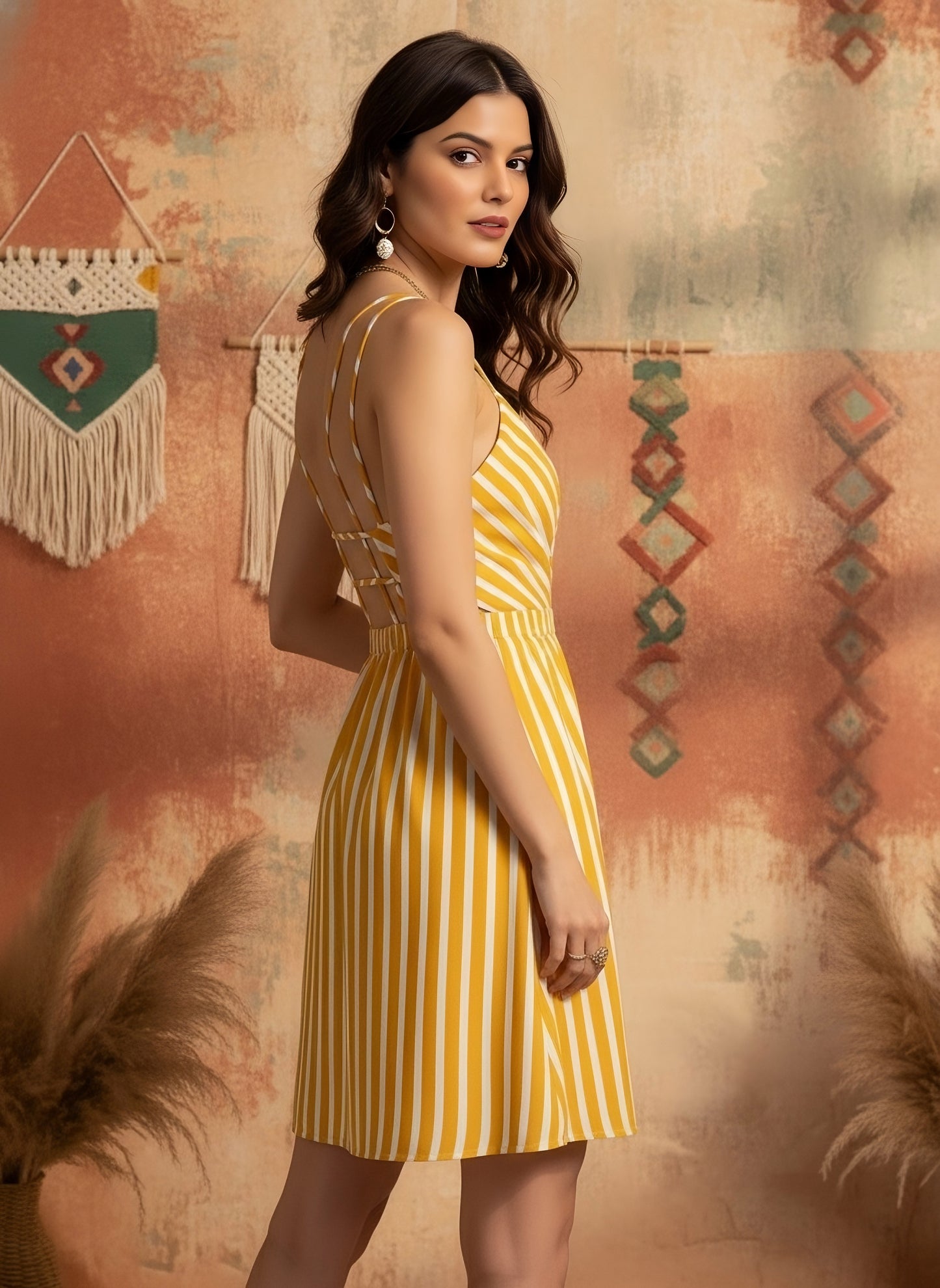 Berrylush Women Yellow & White Stripe Printed V-Neck Open Back Straight Hem A-Line Mini Dress