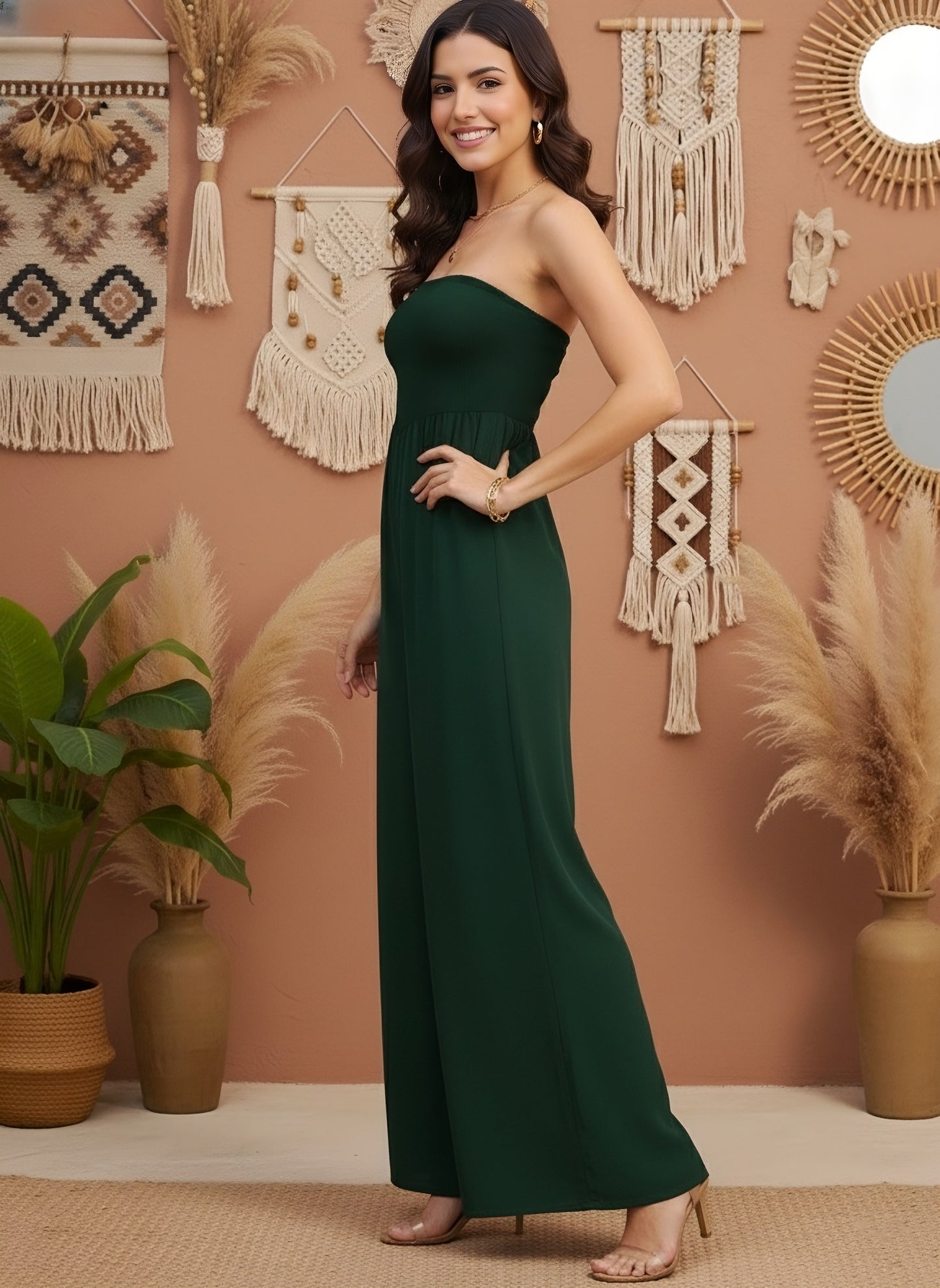 Berrylush Women Green Solid Strapless Wide Leg Basic Jumpsuit