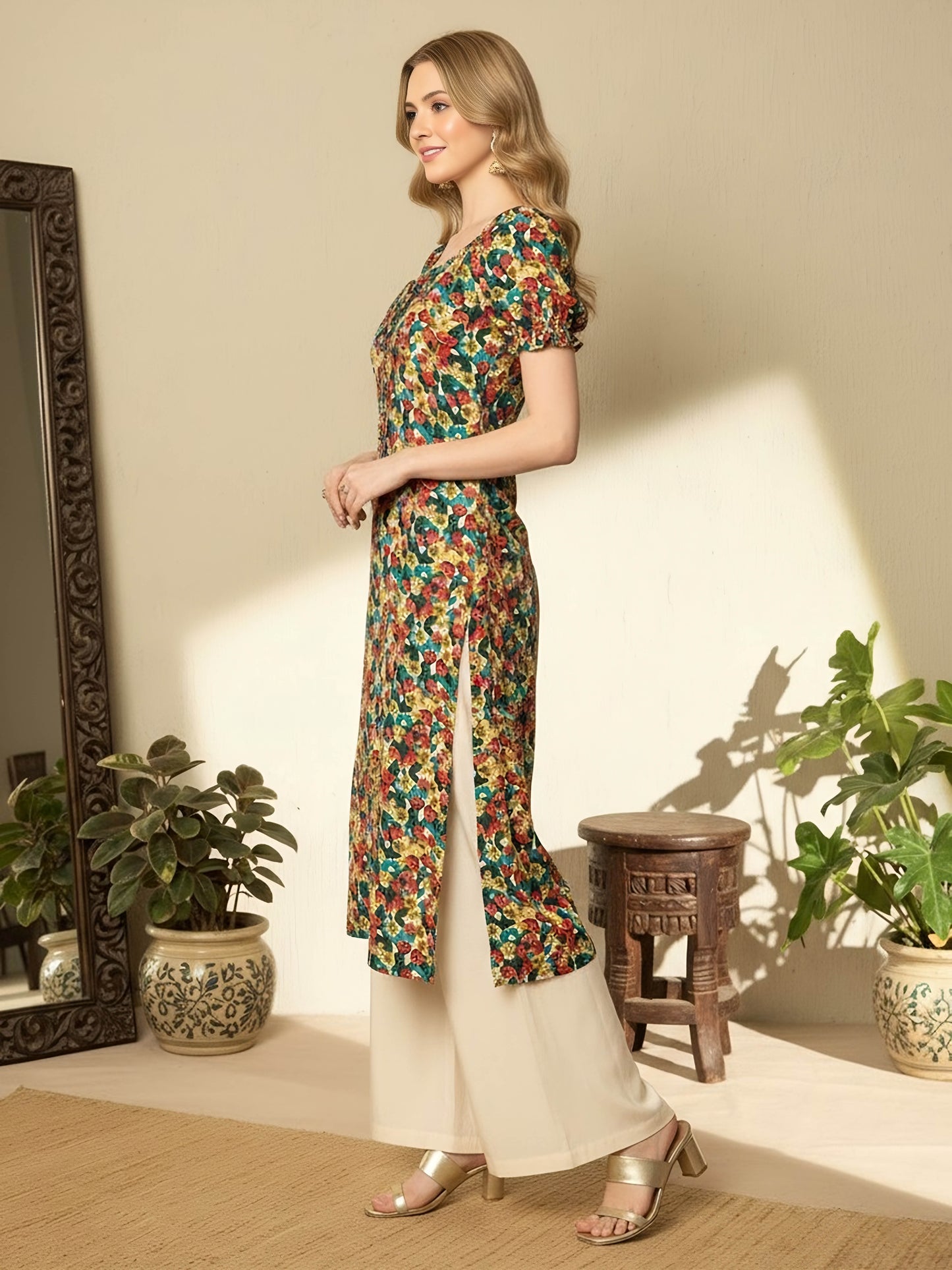 Berrylush Women Red, Green, & Yellow Floral Printed Sweetheart Neck Front Tie-Up Side-Slit Straight Hem Calf Length Kurta
