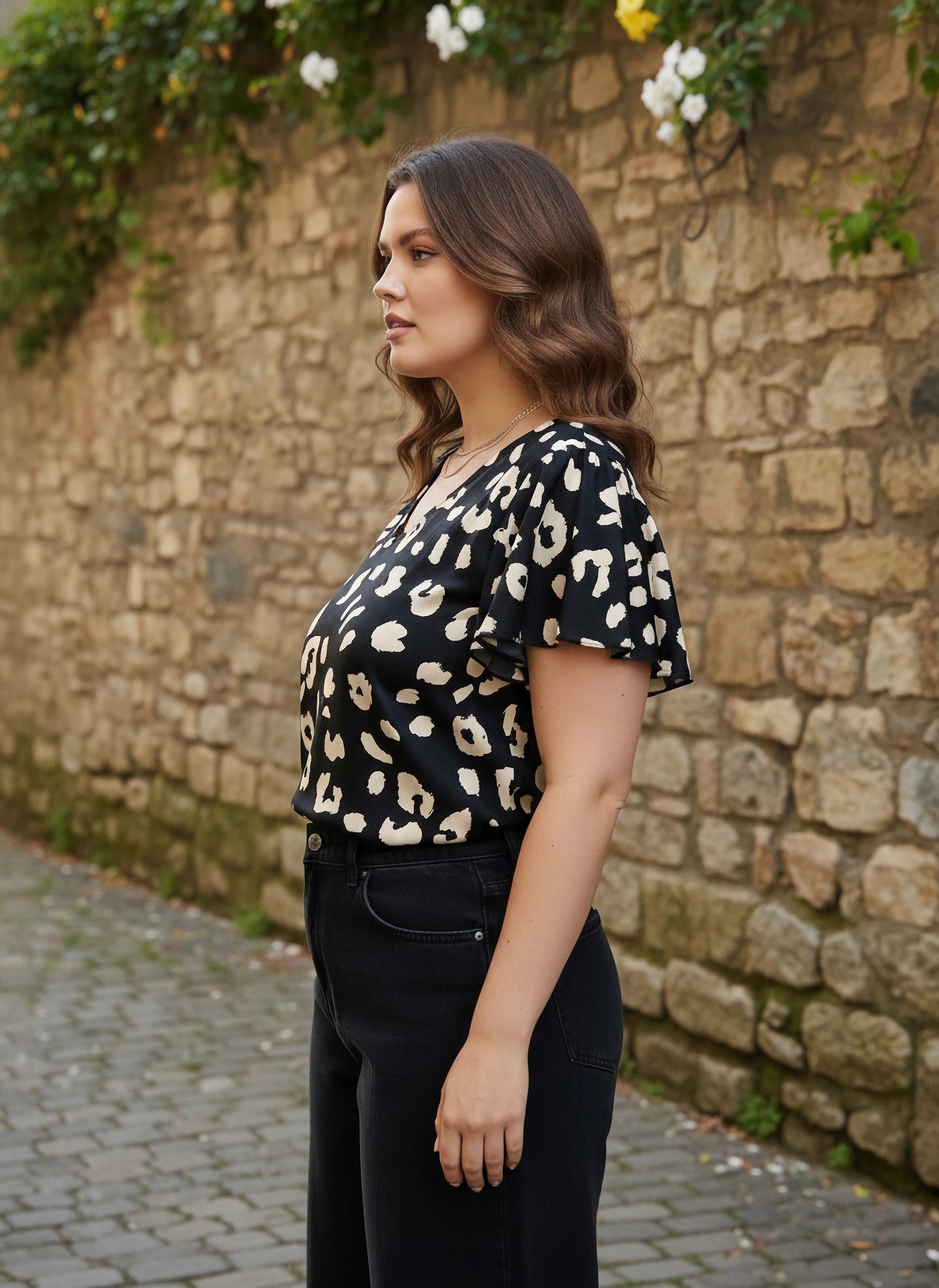 Berrylush Women Plus Size Black & White Animal Printed V-Neck Flutter Sleeve Crepe Ruffled Regular Top