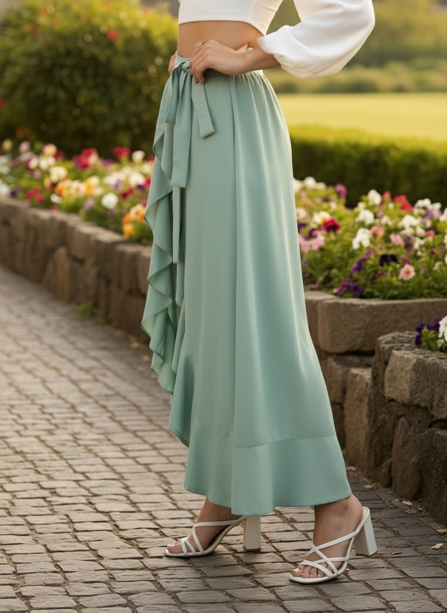Berrylush Women Solid Light Green Waist Tie-Up Ruffled Maxi Skirt With Attached Trousers