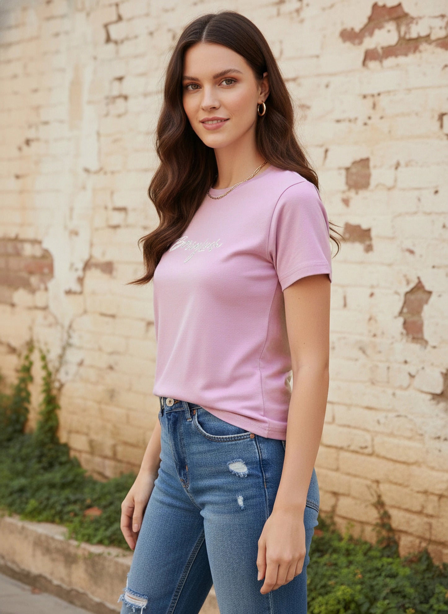 Solid Purple Round Neck Short Sleeves Logo Embroidered Regular T-Shirt