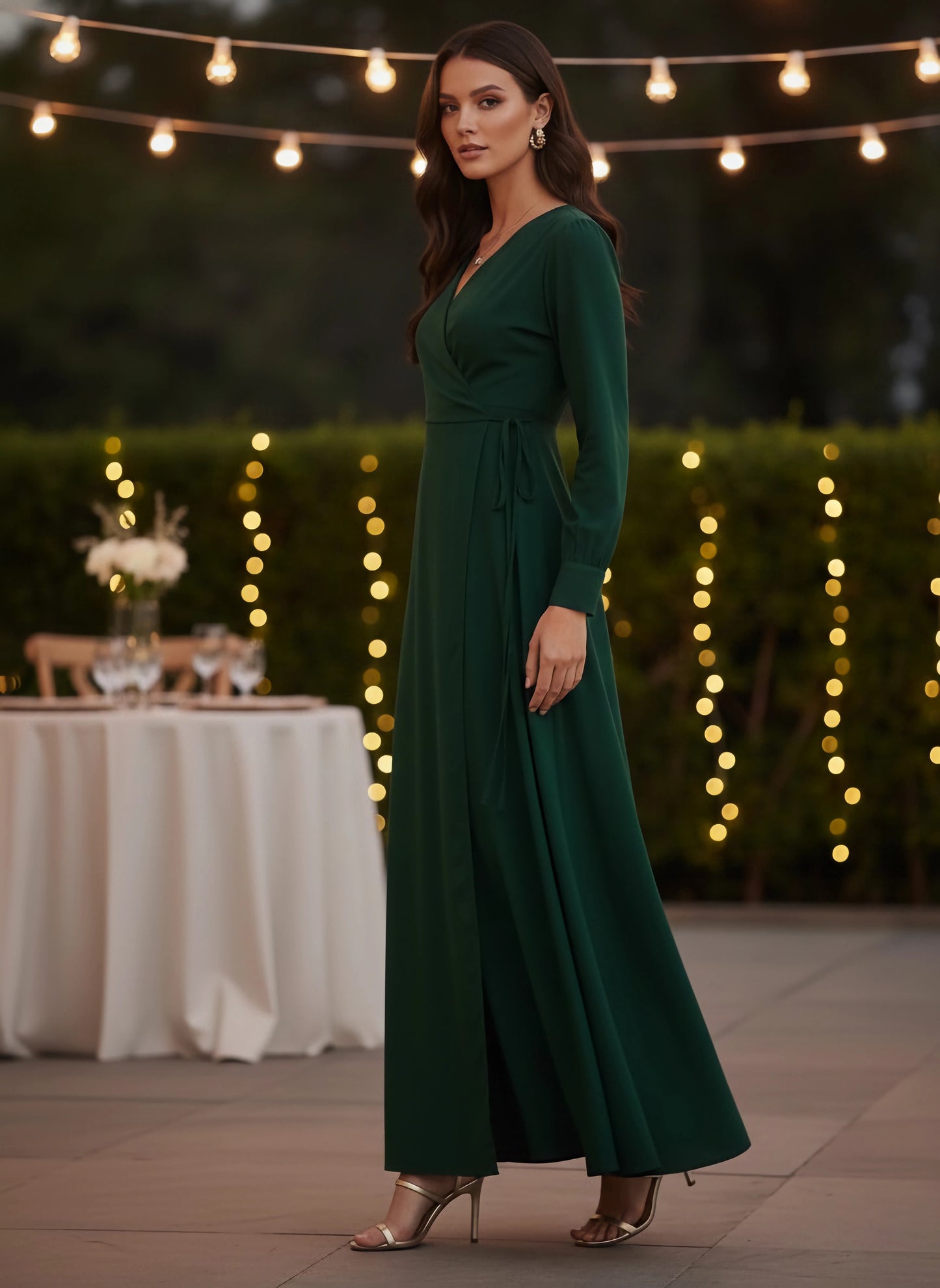 Berrylush Women Solid Dark Green V-Neck Tie-Up Wrap Maxi Dress