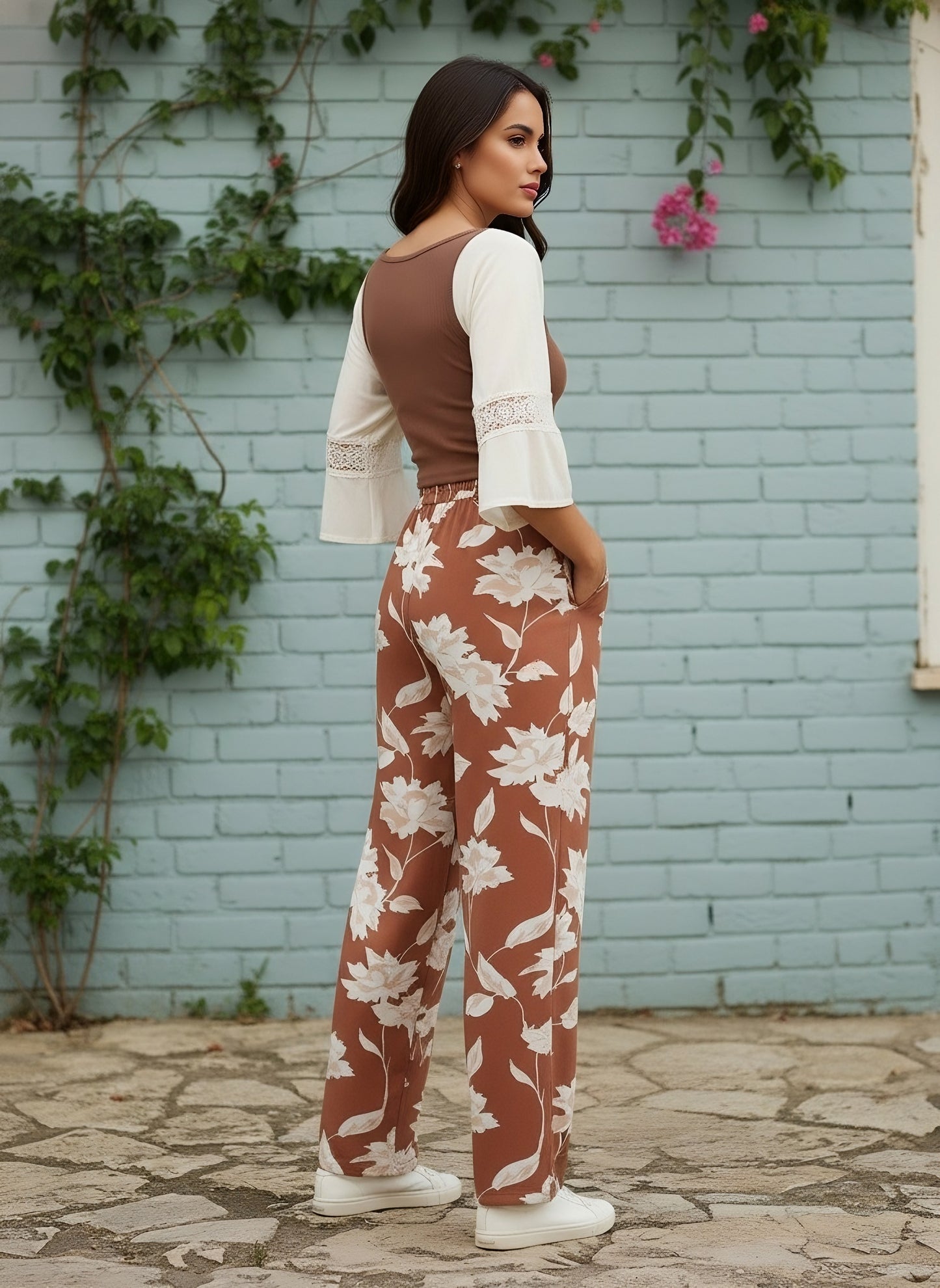 Berrylush Women Brown & White Floral Print Tie-Up Waist High-Rise Wide Leg Trousers