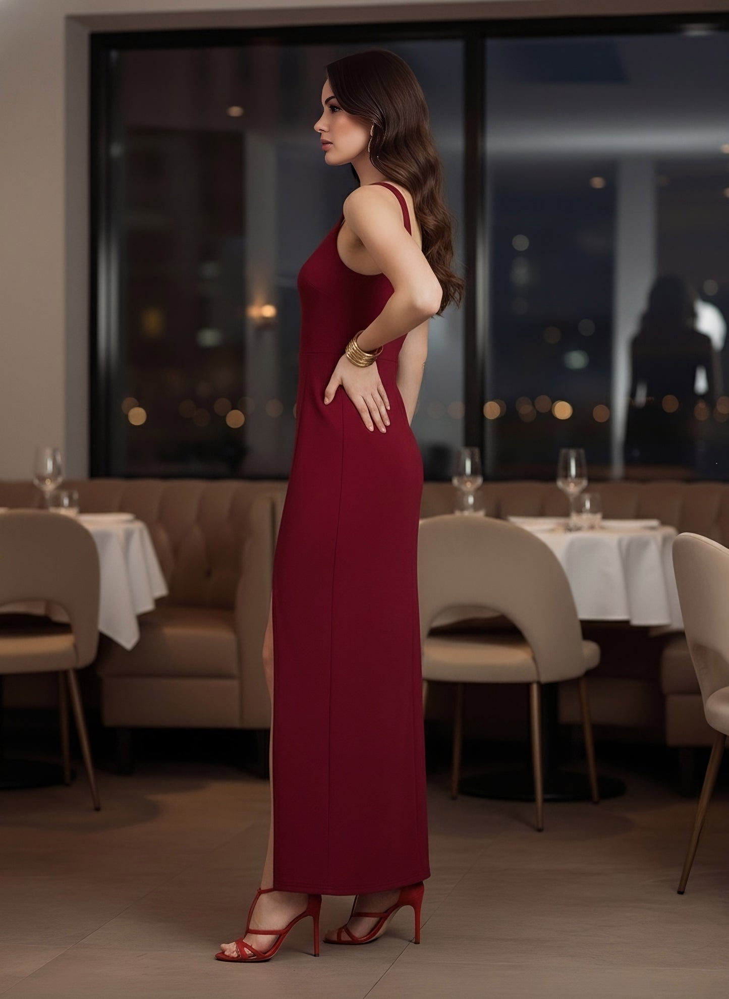 Berrylush Women Solid Red Square Neck Sleeveless Thigh-High Slit Straight Hem Knitted Maxi Dress