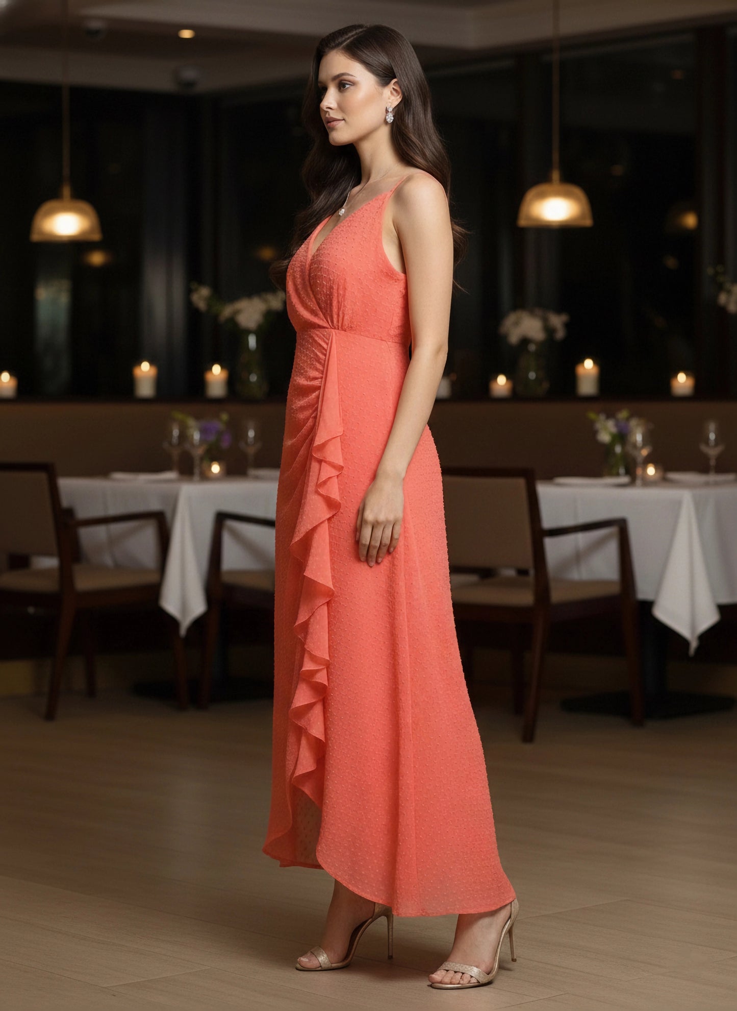 Berrylush Women Peach Self-Design Pattern Crepe A-Line Midi Dress