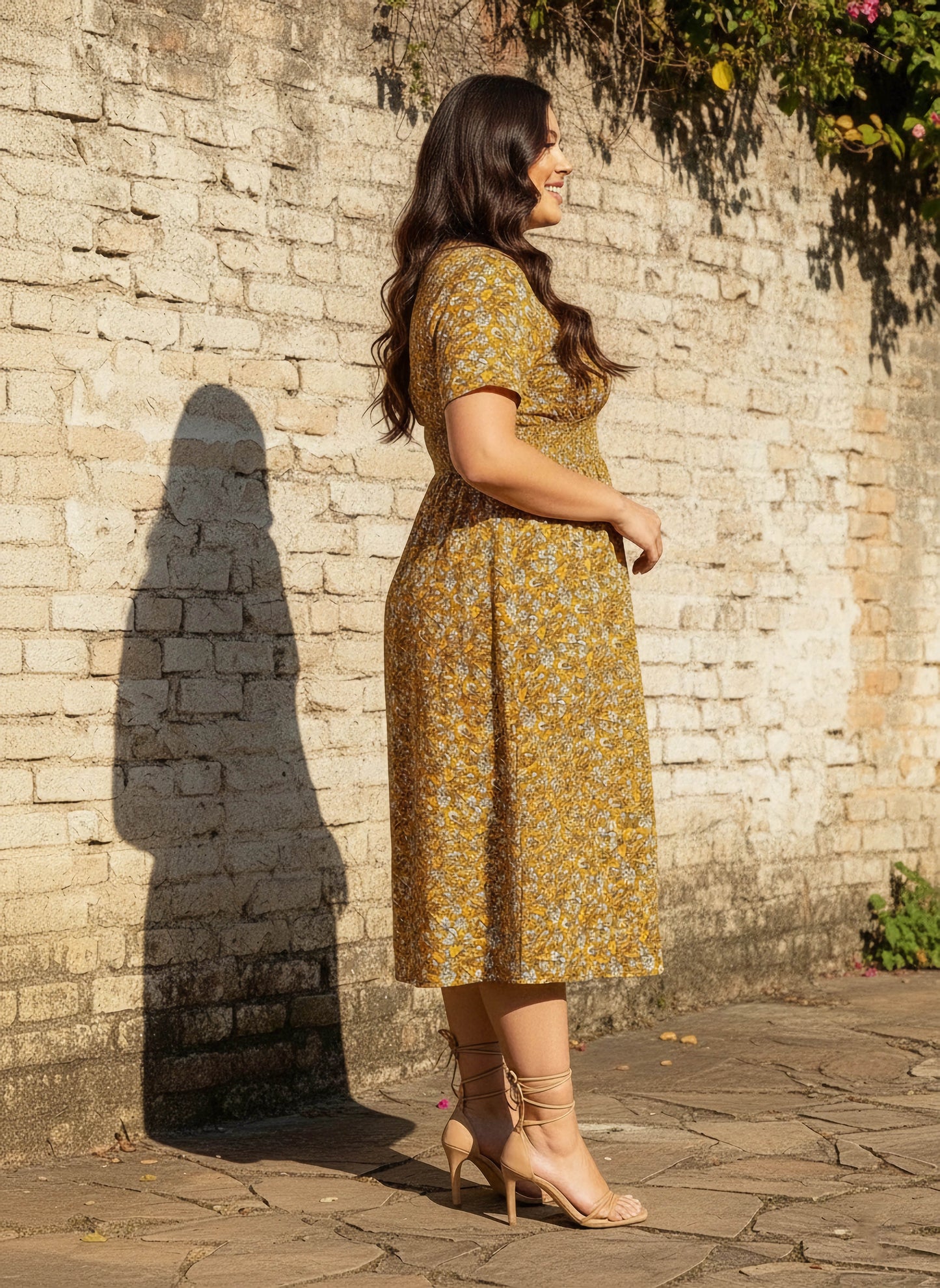 Curve Mustard Yellow & White Floral Printed V-Neck Short Sleeves Wrap Smocked Fit & Flare Midi Dress