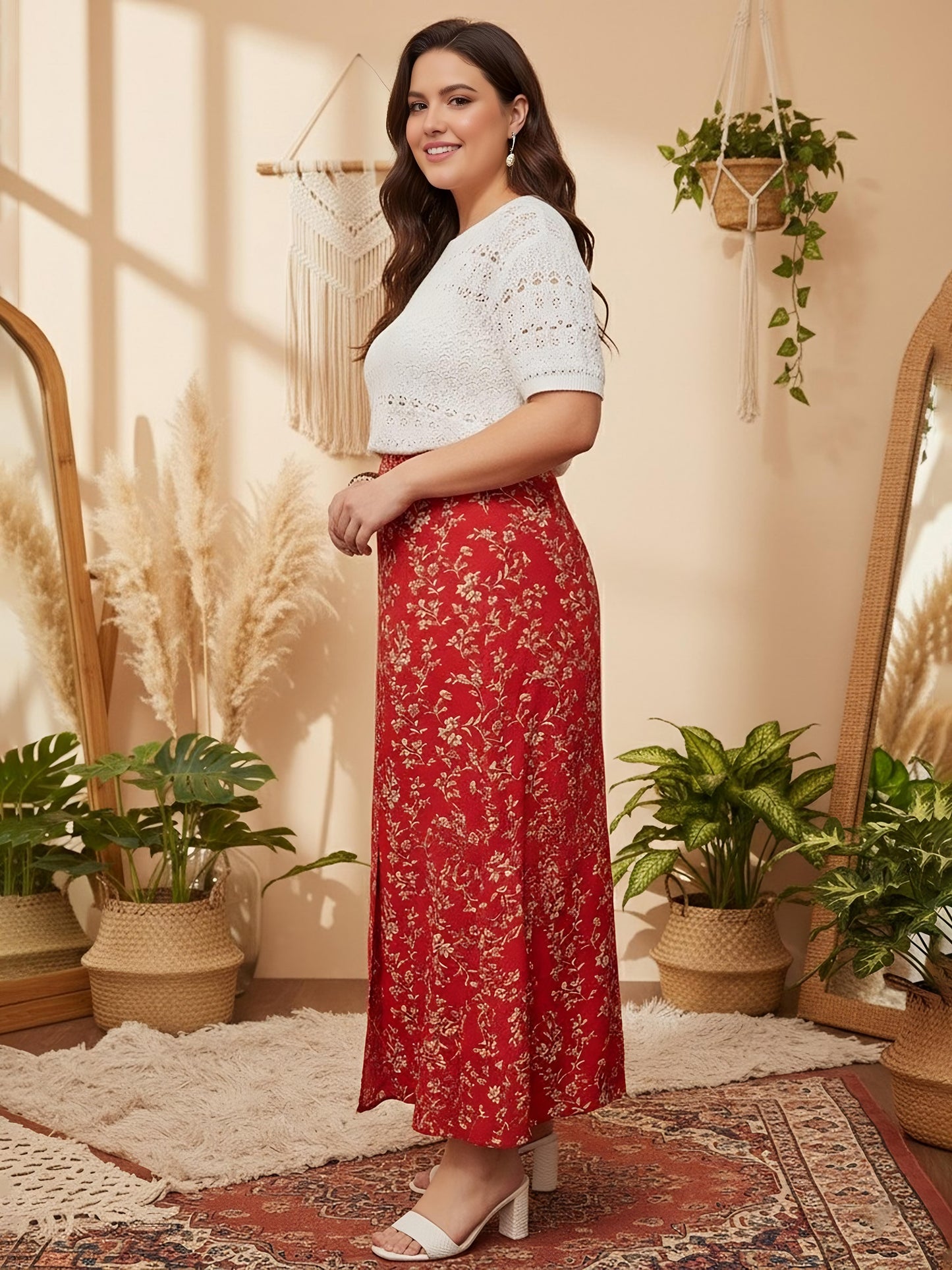 Berrylush Women Plus Size Red & White Floral Printed High-Rise Waist Thigh-High Slit Flared A-Line Maxi Skirt