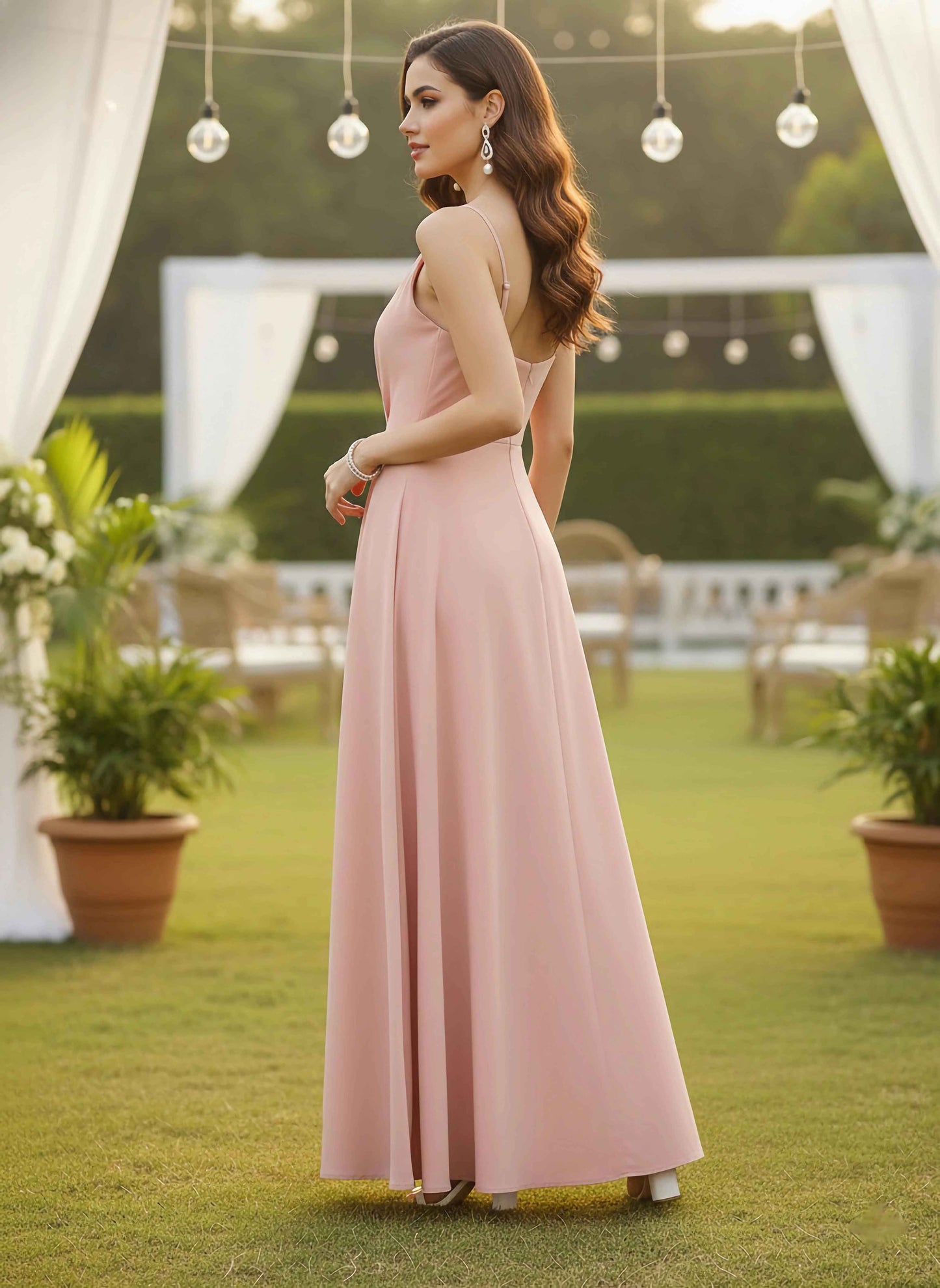 Berrylush Women Solid Light Pink V-Neck Sleeveless Crepe Thigh-High Slit A-Line Maxi Dress