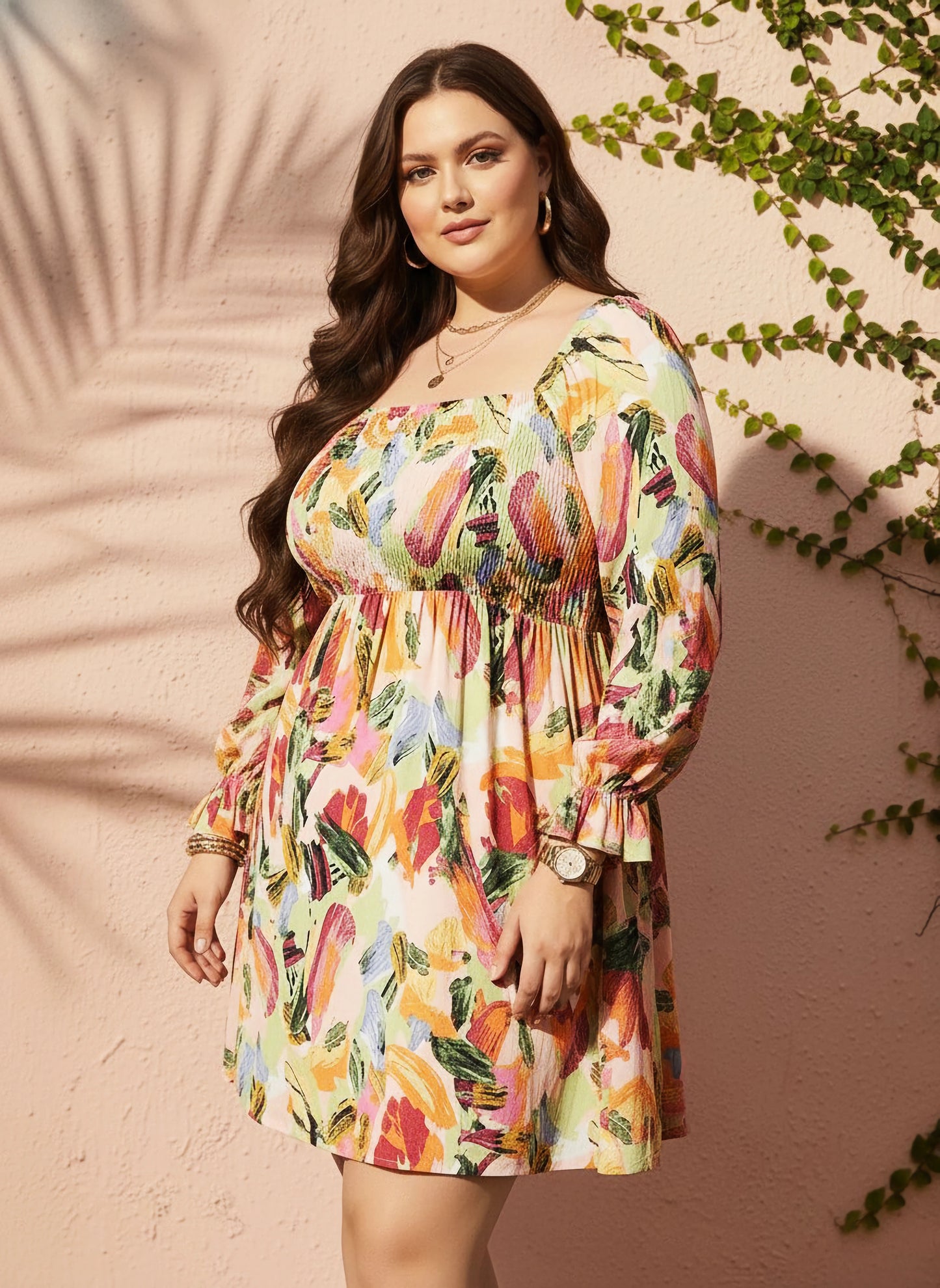 Curve Pink & Multicolour Abstract Printed Square Neck Bishop Sleeves Smocked Fit & Flare Mini Dress
