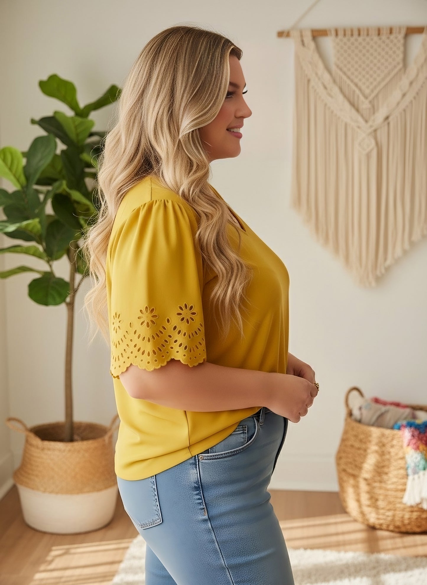Berrylush Women Plus Size Solid Yellow V-Neck Cutout Sleeve Crepe Regular Top