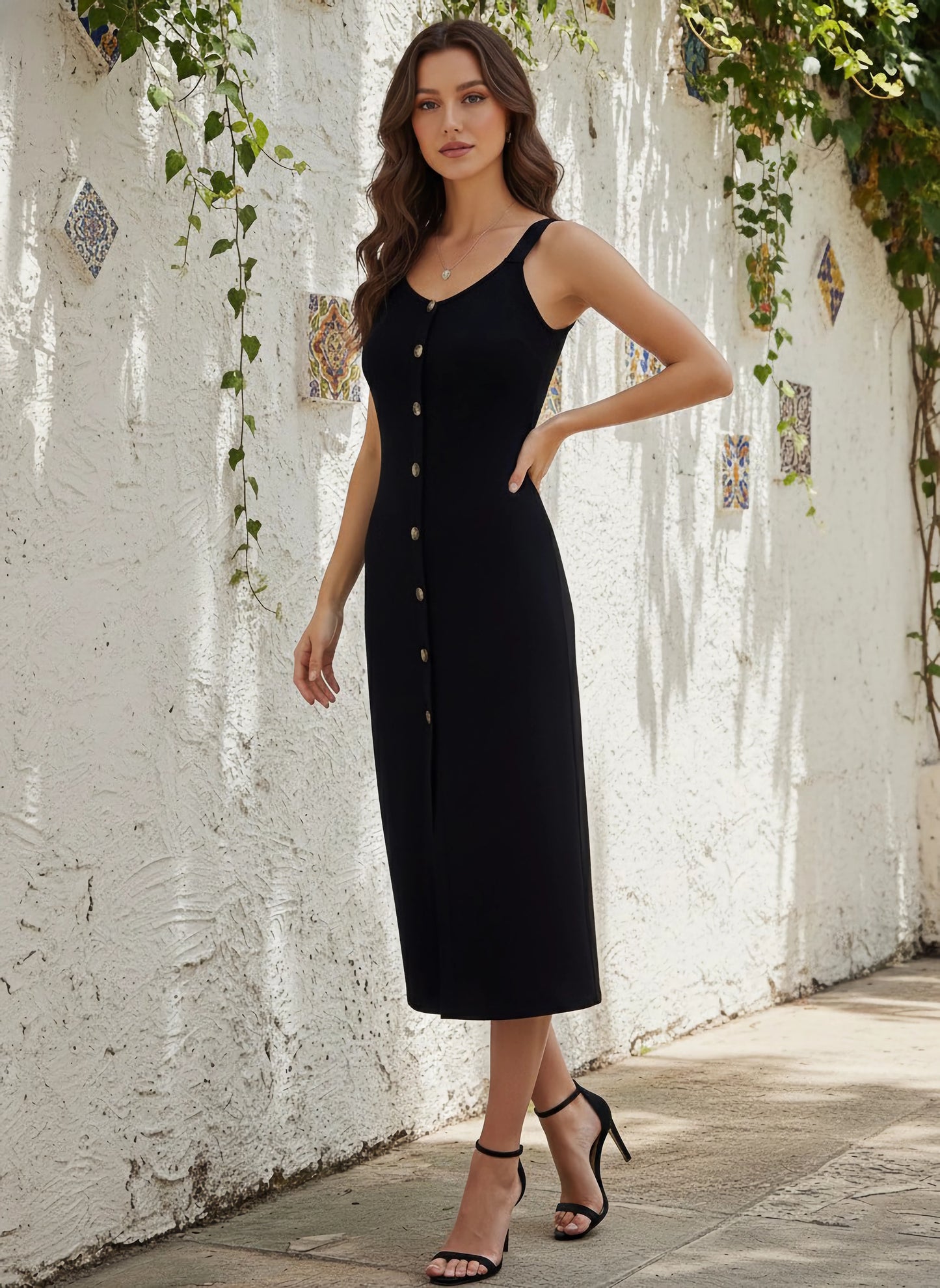 Berrylush Women Solid Black V-Neck Front Button-Up Crepe Thigh-High Slit Straight Hem Bodycon Midi Dress